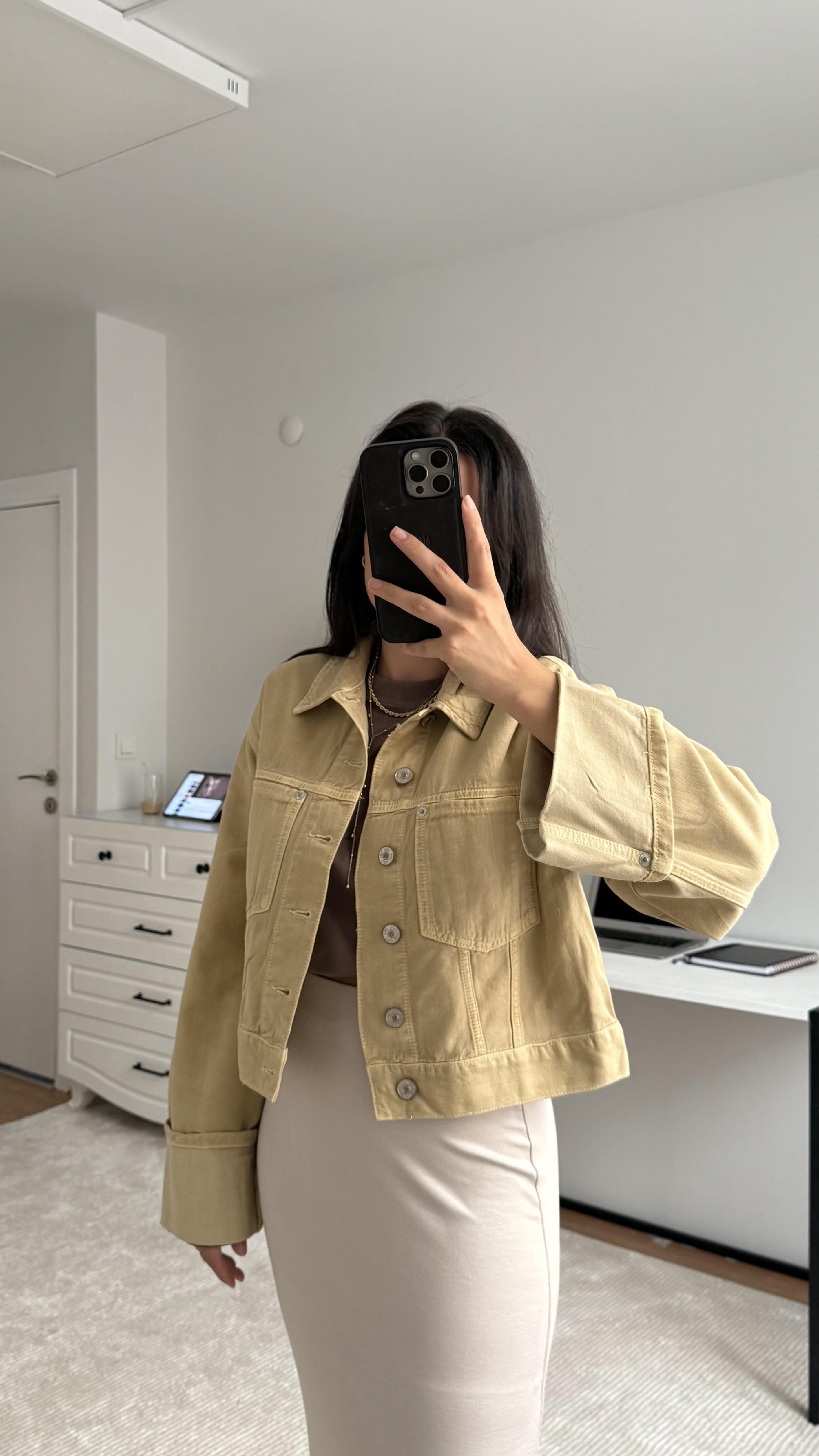 Marka Bej Double Kol Detaylı Denim Ceket