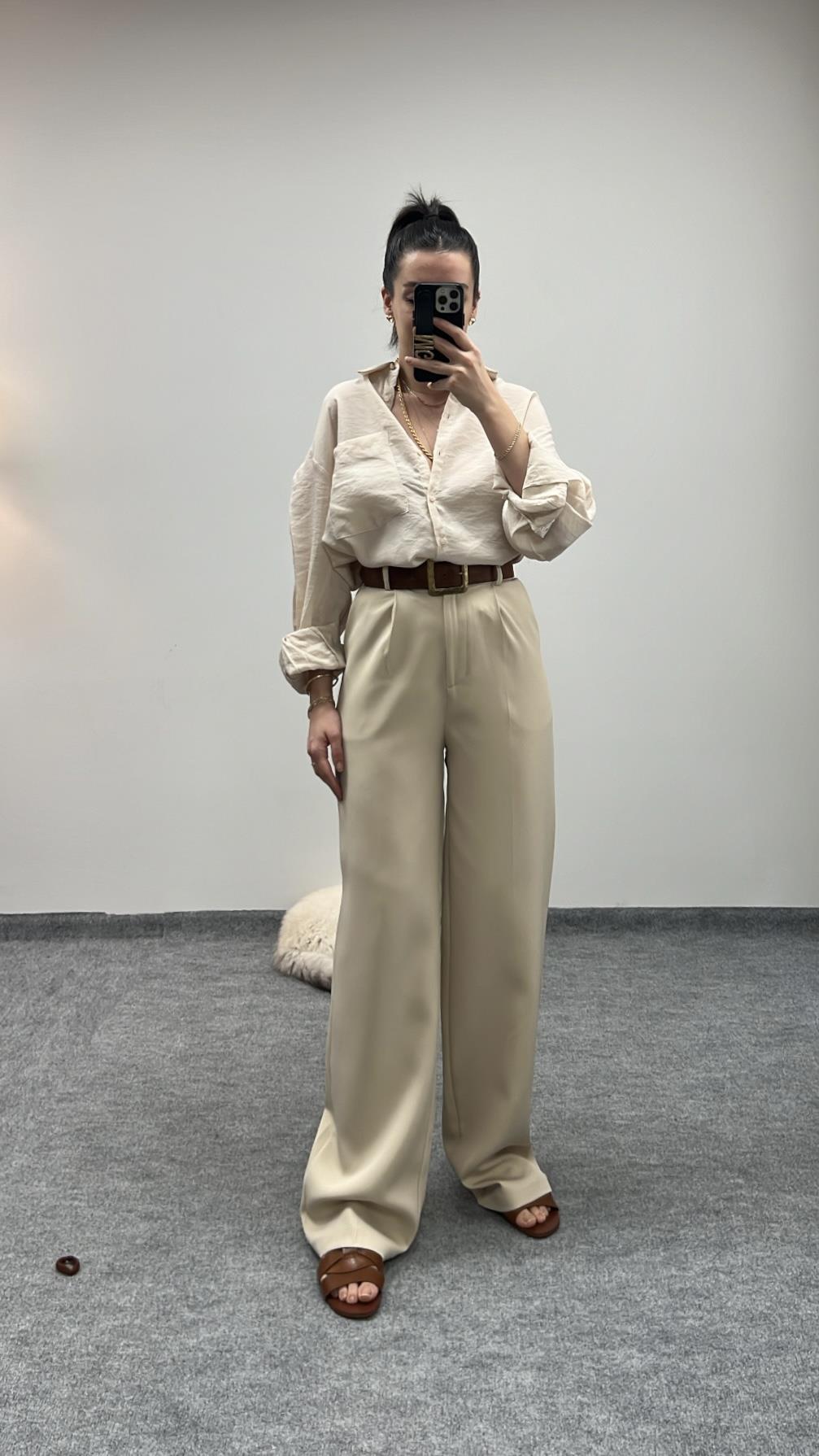 MARKA BEJ PENSLİ UZUN PANTOLON