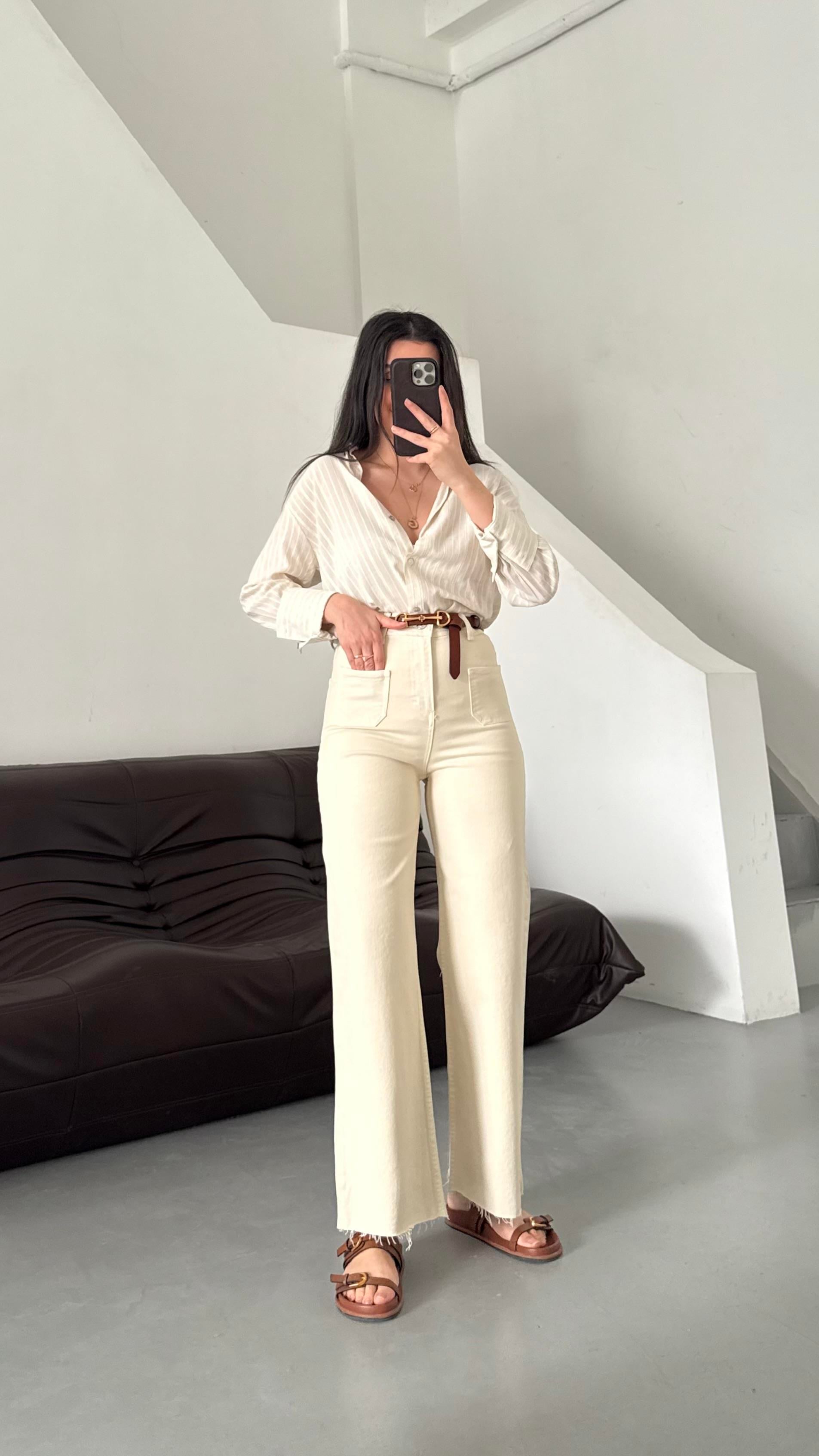 Marka Bej Yüksek Bel Wide Leg Jean