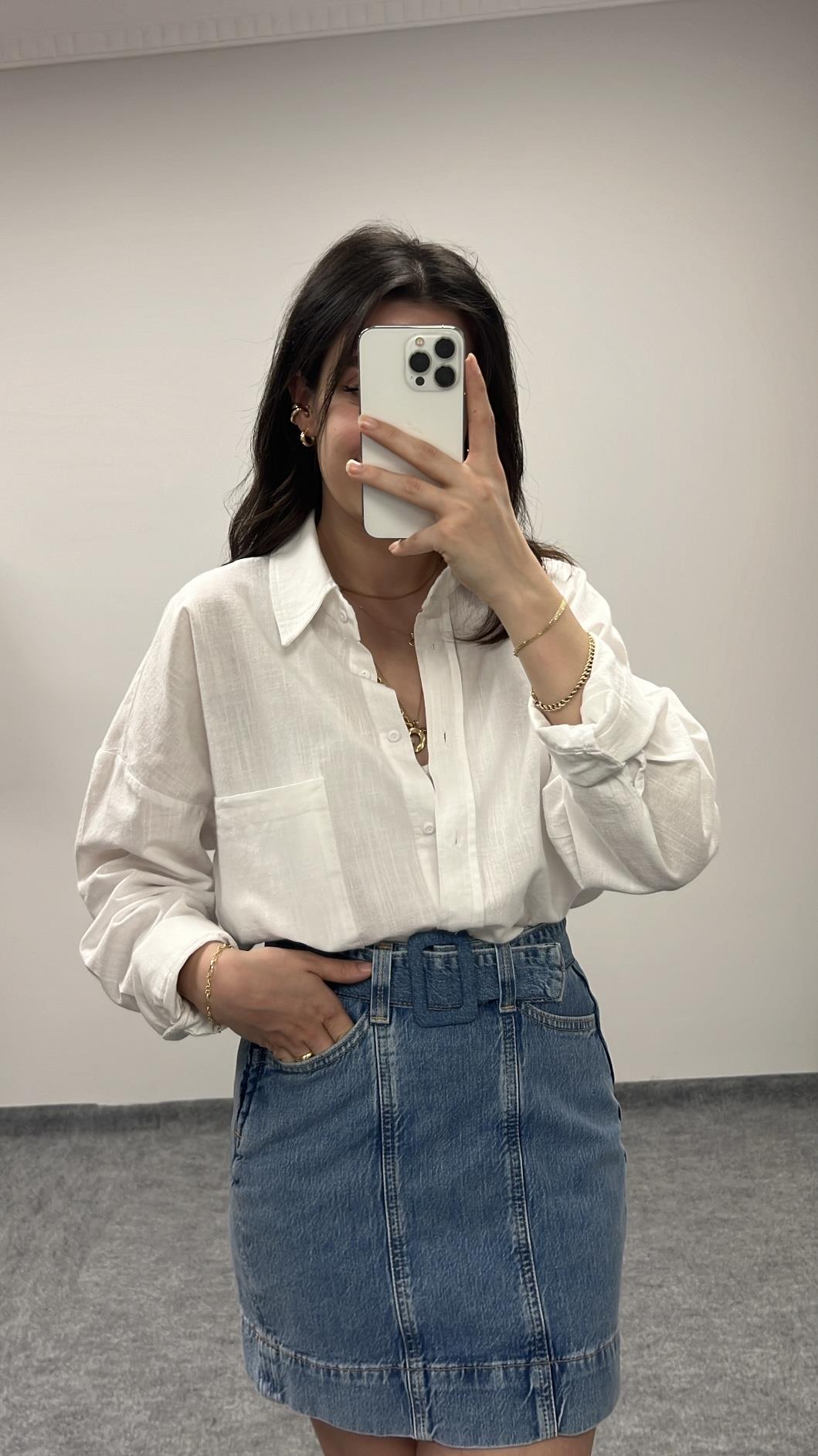 MARKA BEYAZ KETEN OVERSIZE GÖMLEK