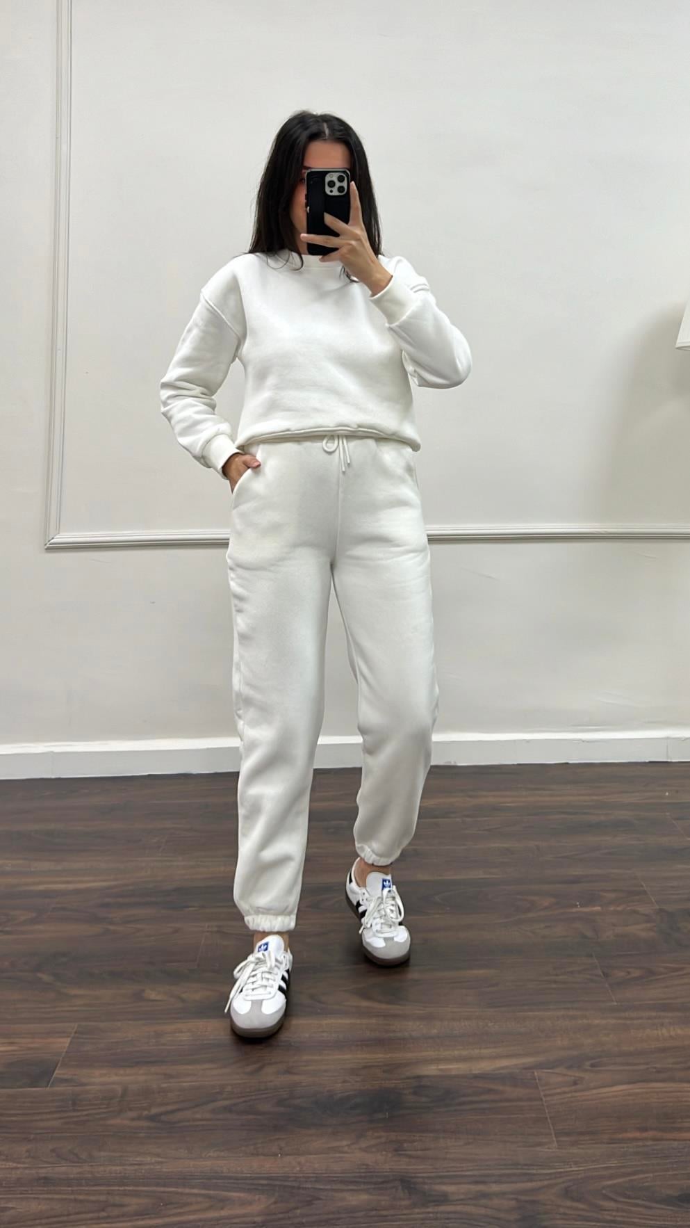 Marka Beyaz Pamuklu Basıc Sweatshirt/Jogger Takım