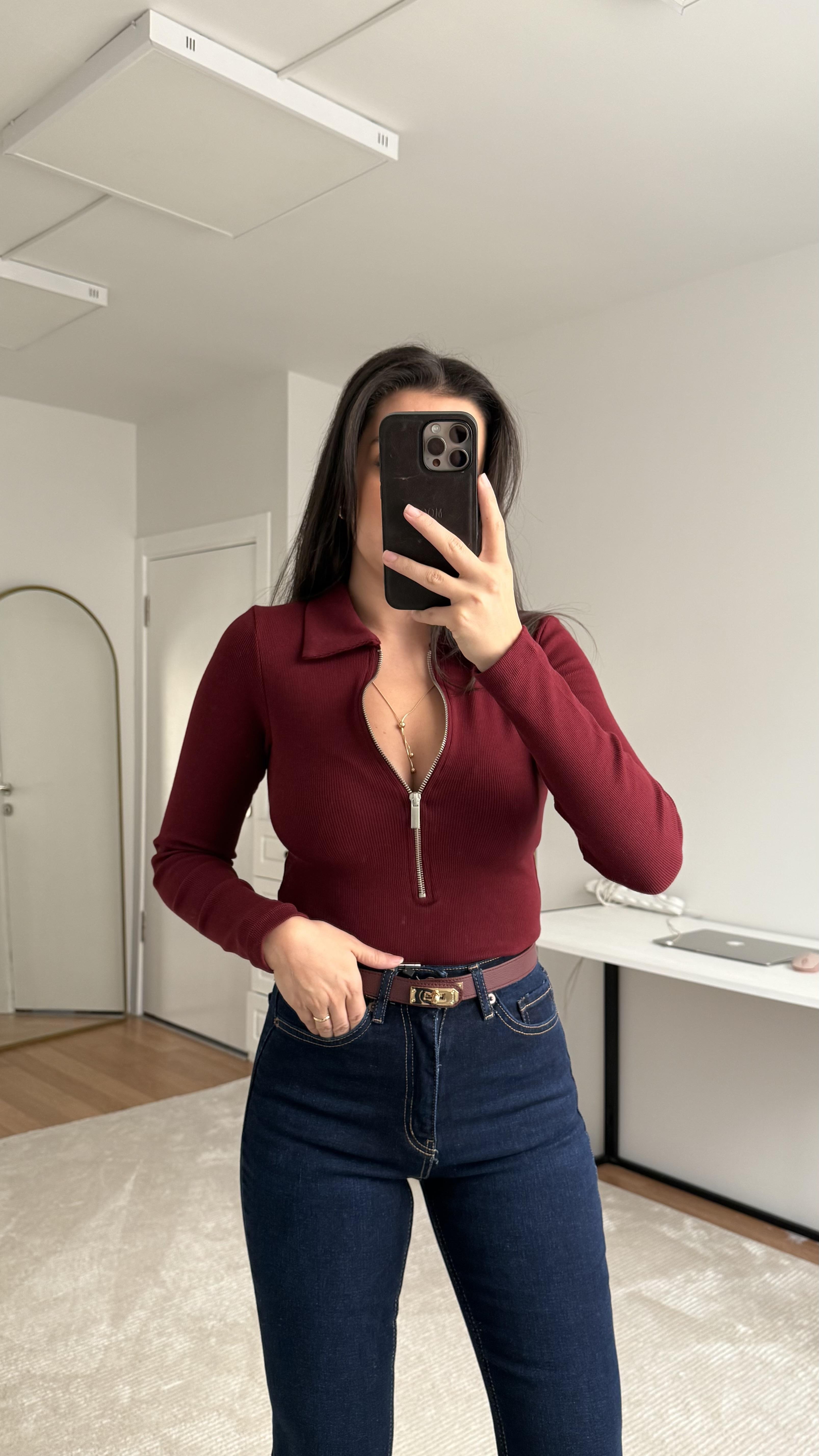 Marka Bordo Fermuarlı Polo Yaka Bluz