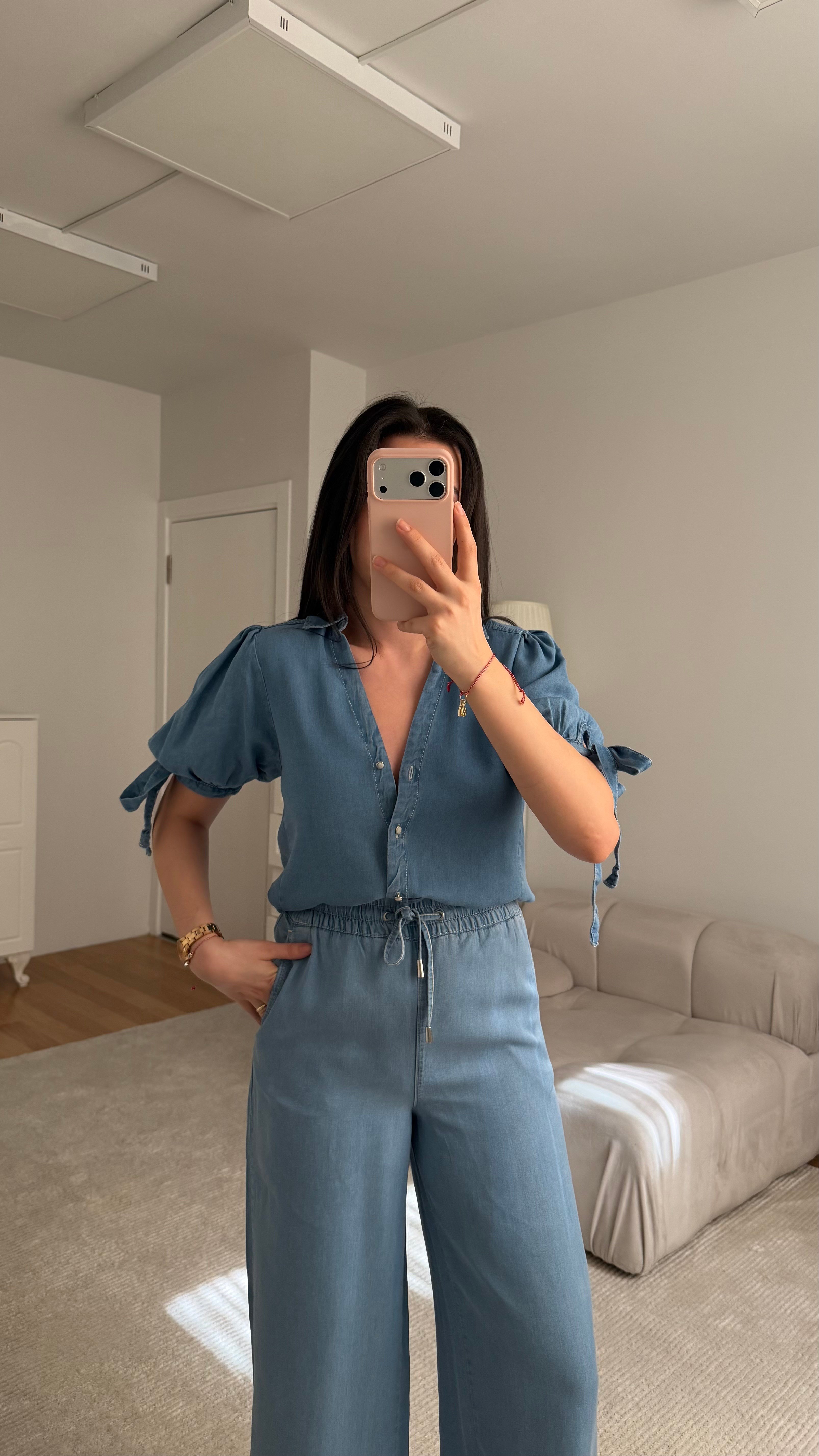 Marka Düğme Detay Tensel Denim Gömlek