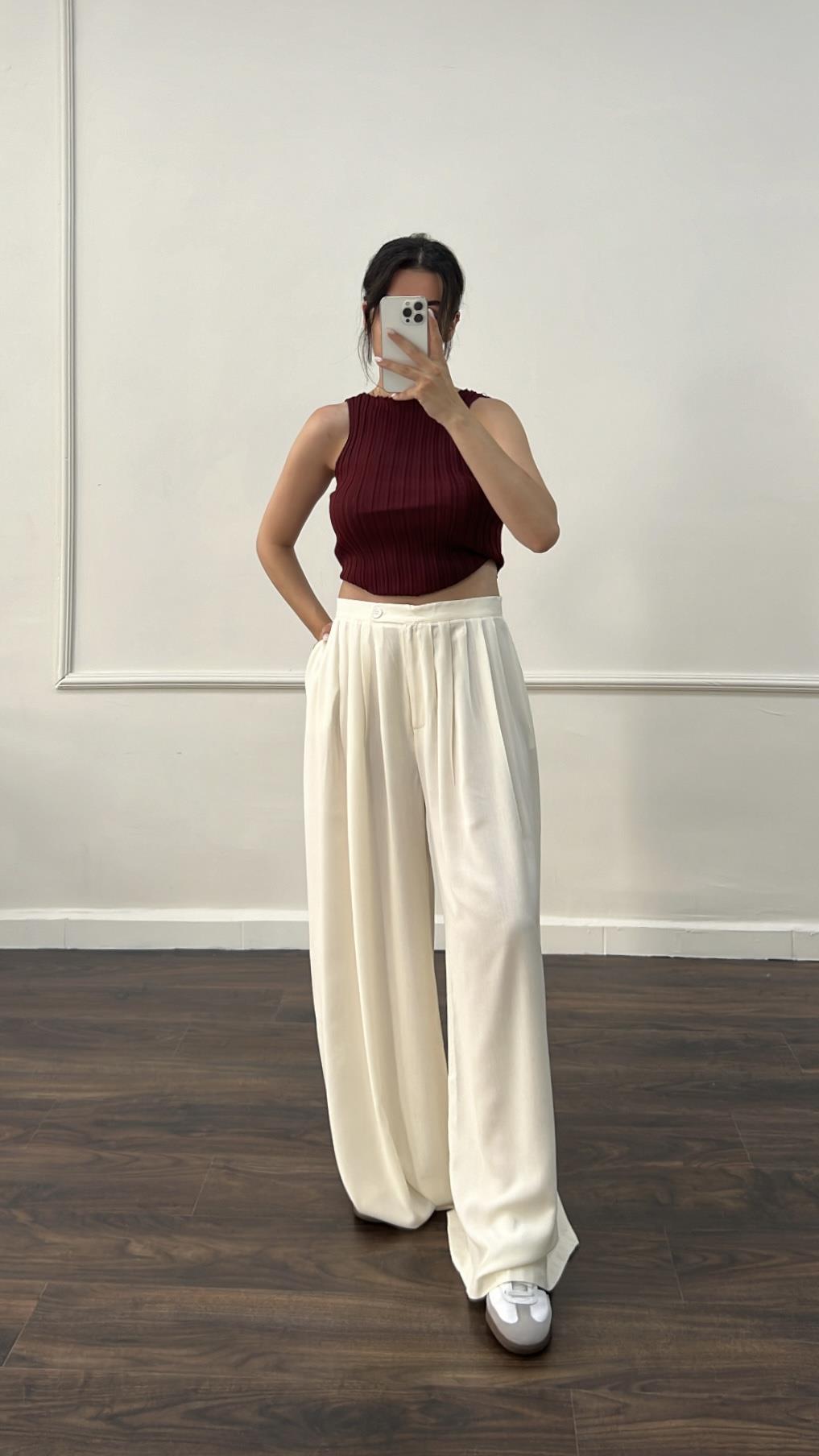 Marka Ekru %100 Viskon Kumaş Bol Paça Pantolon