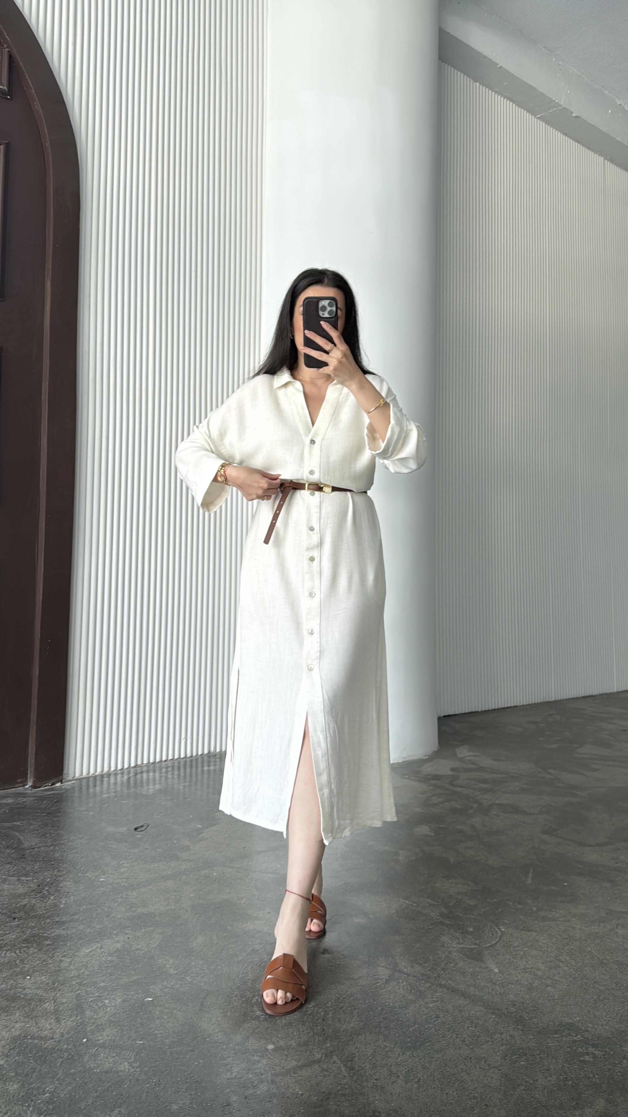 Marka Ekru Keten Düğmeli Elbise