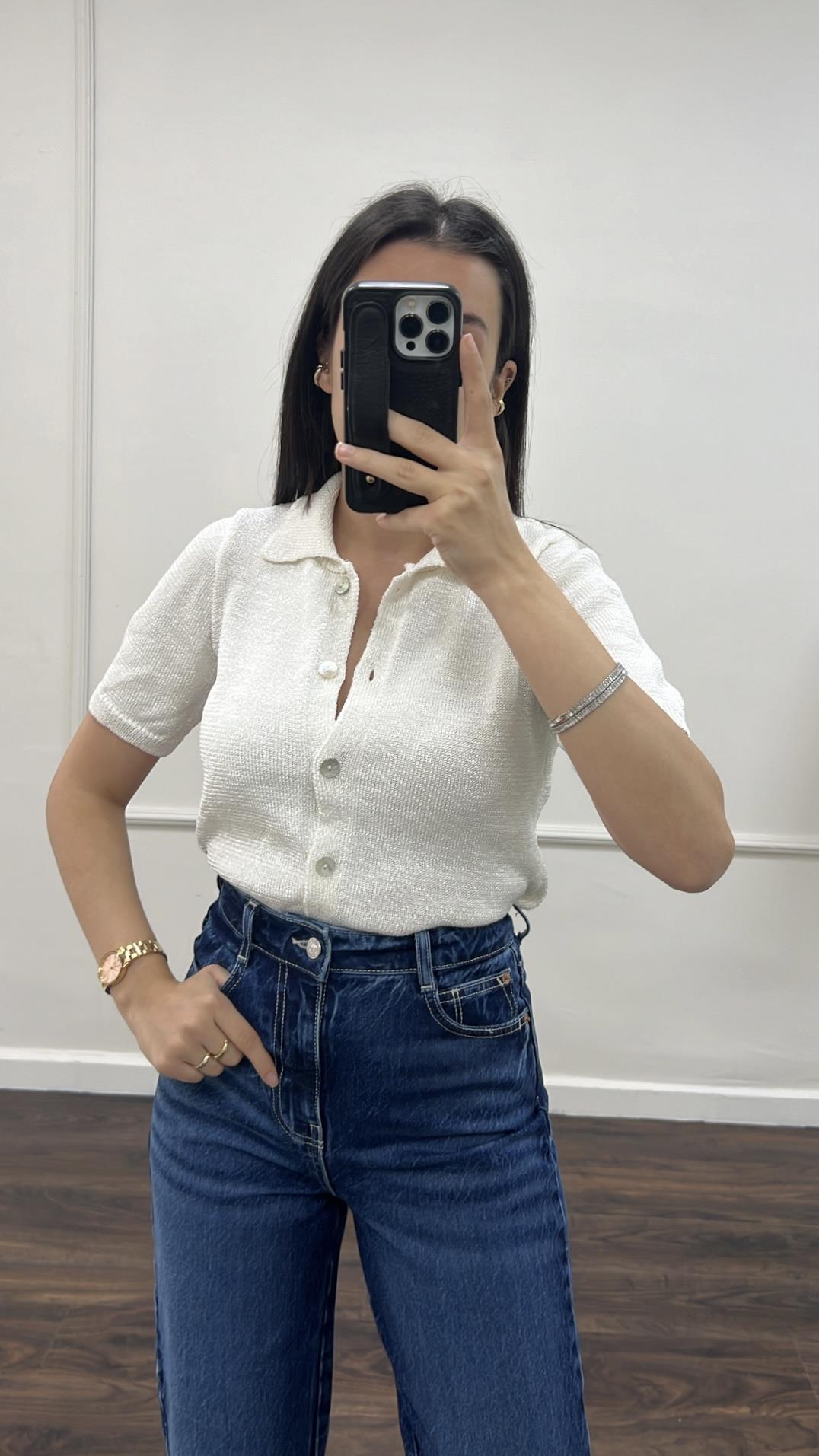 Marka Ekru Polo Yaka Triko Bluz