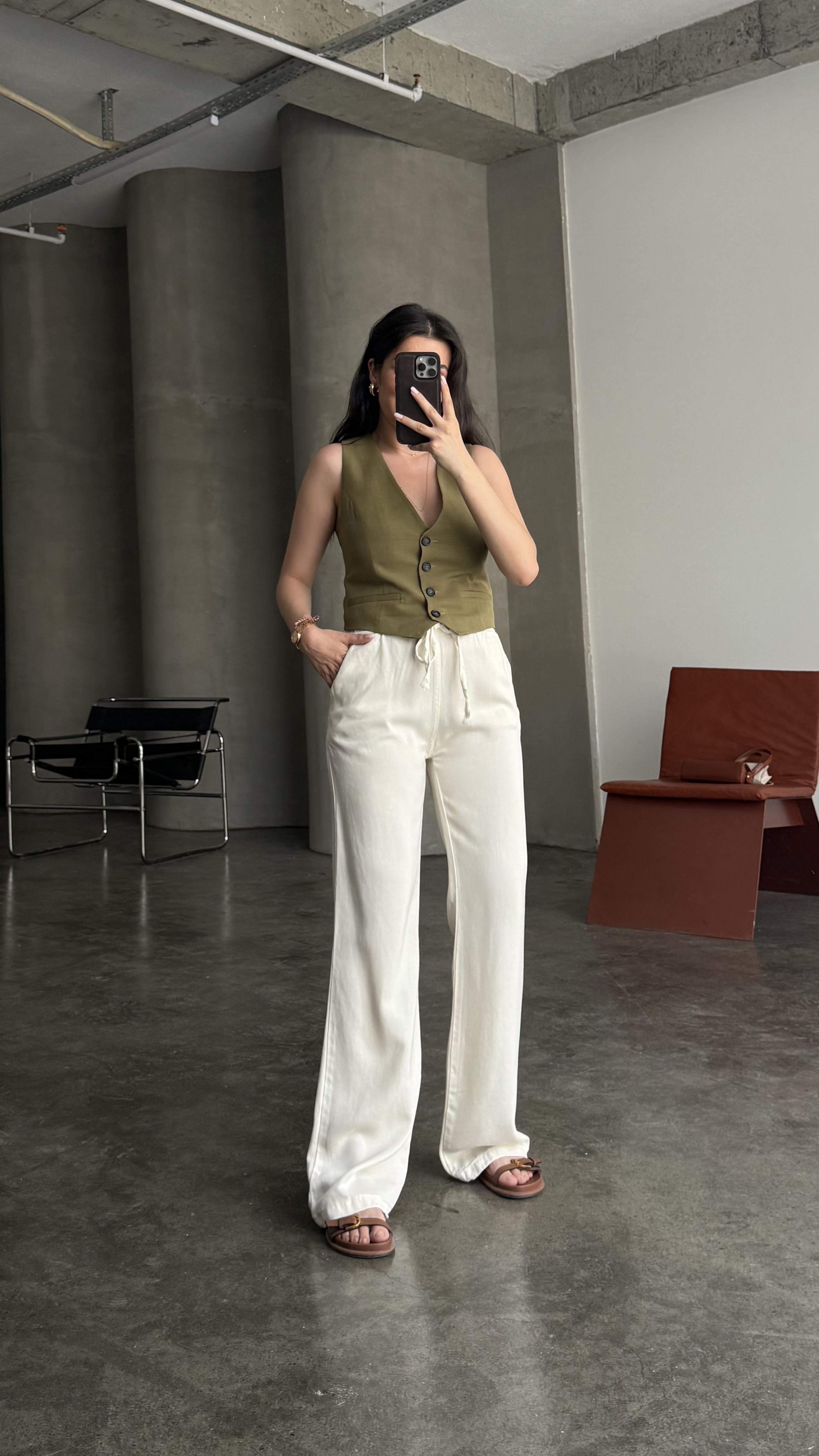 Marka Ekru Tensel Straight Pantalon