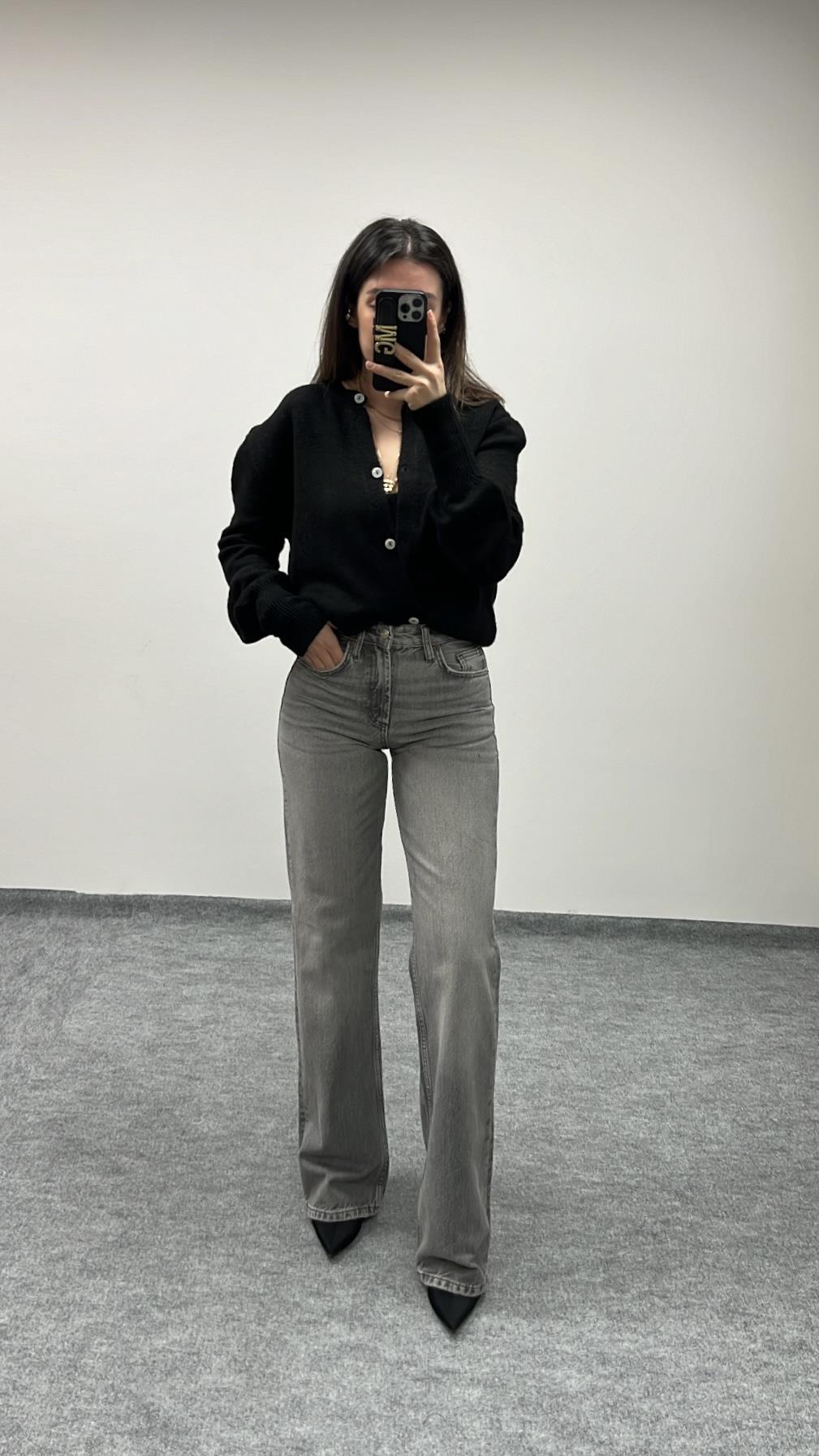 MARKA GRİ ORTA BEL WIDE LEG JEAN