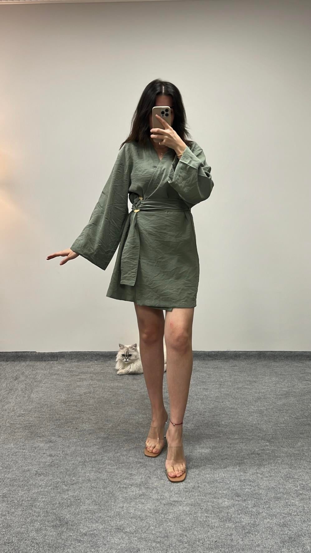 MARKA HAKİ TENSEL KİMONO ELBİSE