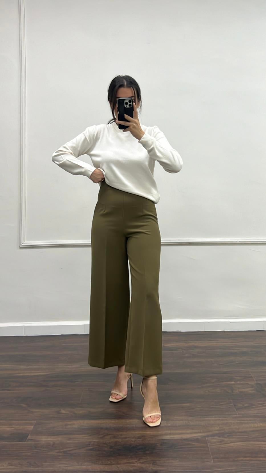 Marka Haki Ultra Yüksek Bel Wide Leg Pantolon