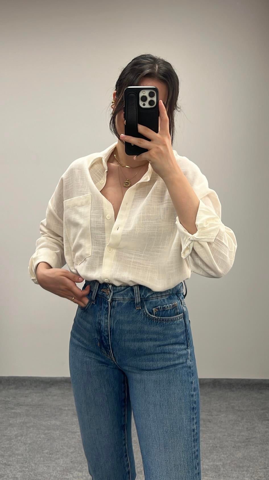 Marka Ham Keten Ebru Oversıze Gömlek