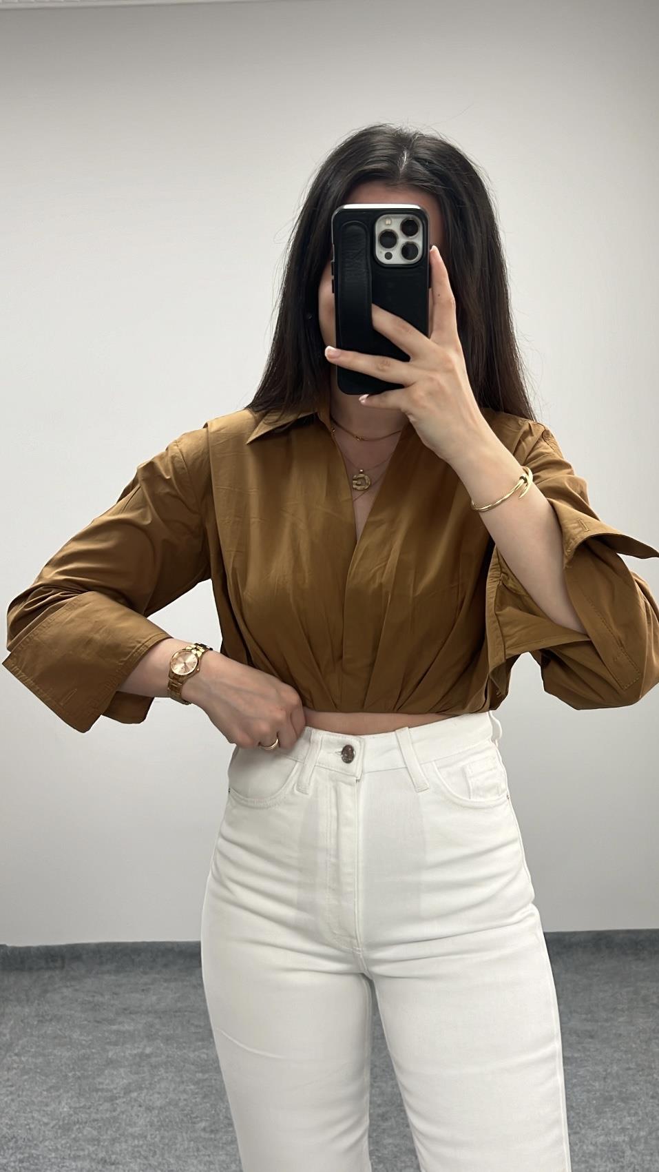 Marka Kahve V Yaka Crop Gömlek