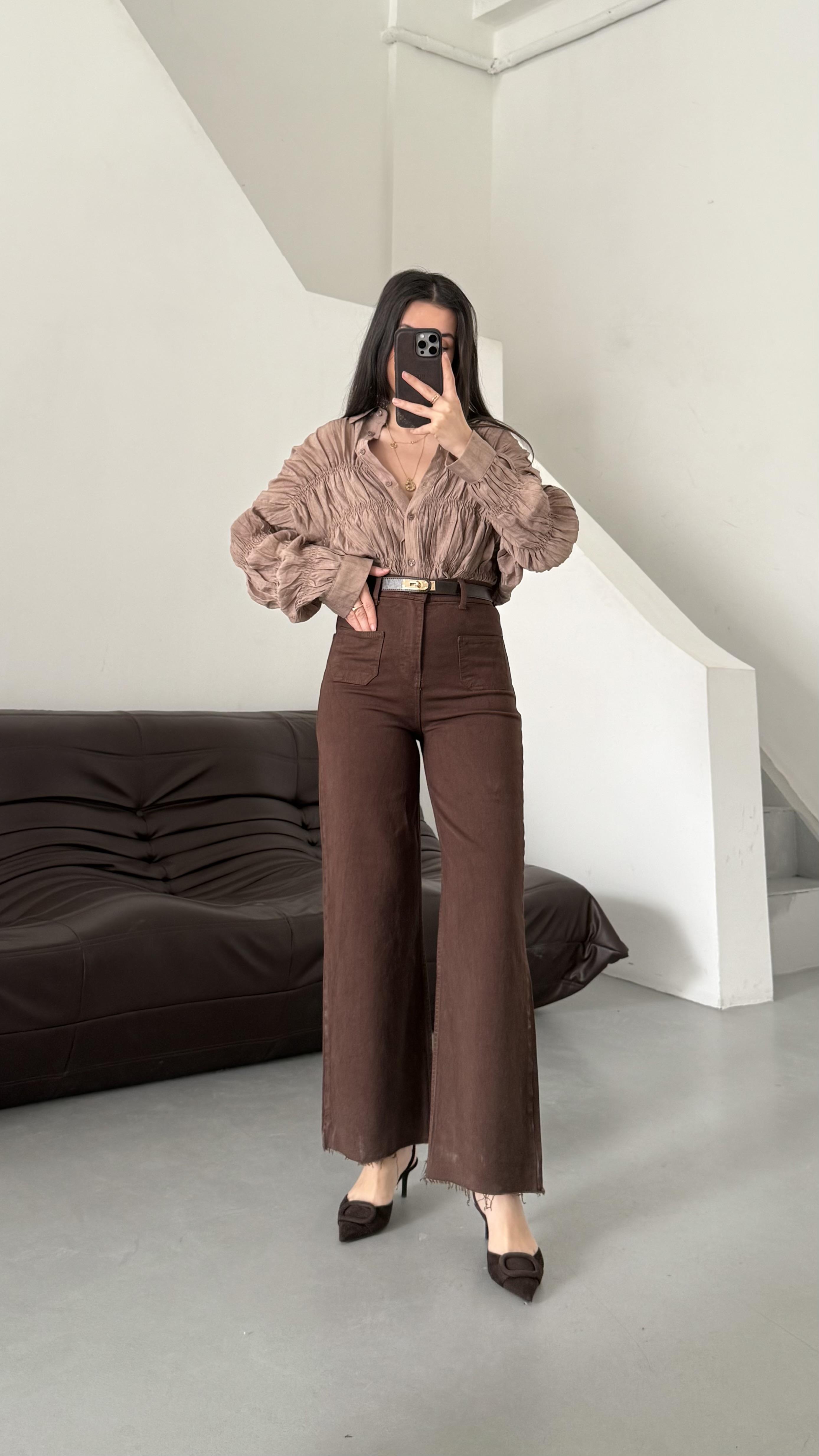 Marka Kahve Yüksek Bel Wide Leg Jean