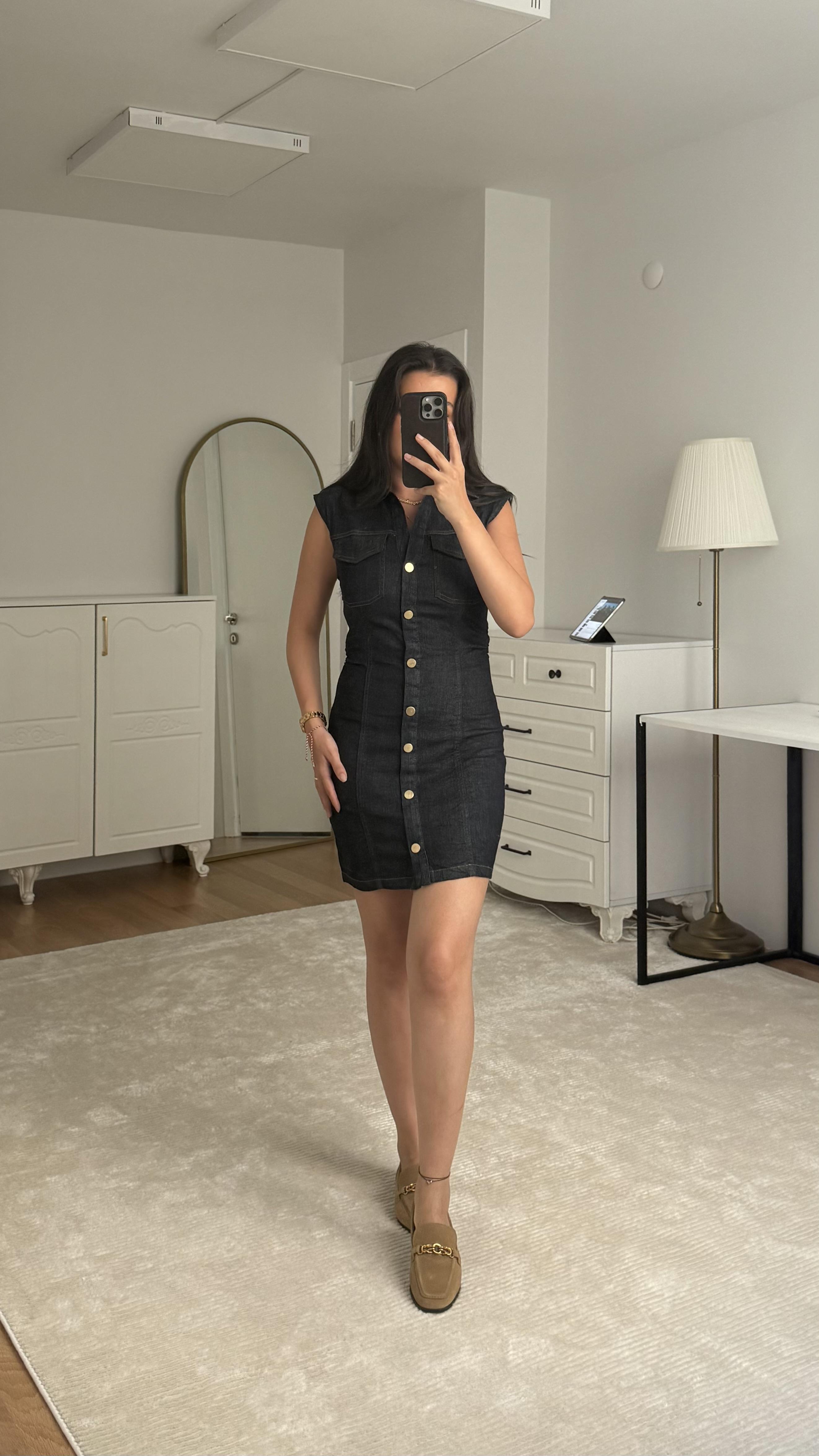 Marka Koyu Laci Kısa Kol Denim Elbise