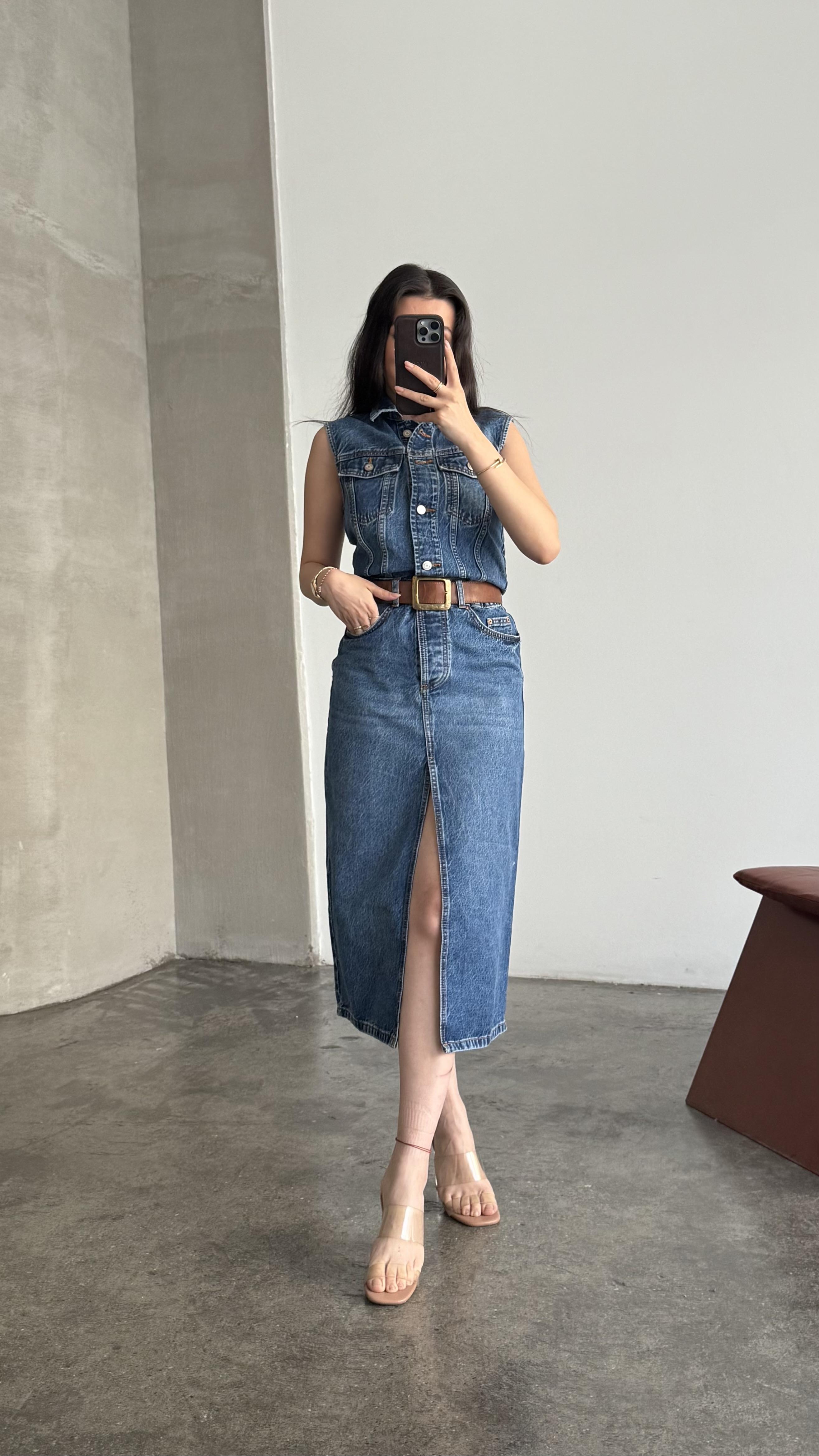 Marka Koyu Mavi Kolsuz Denim Elbise 