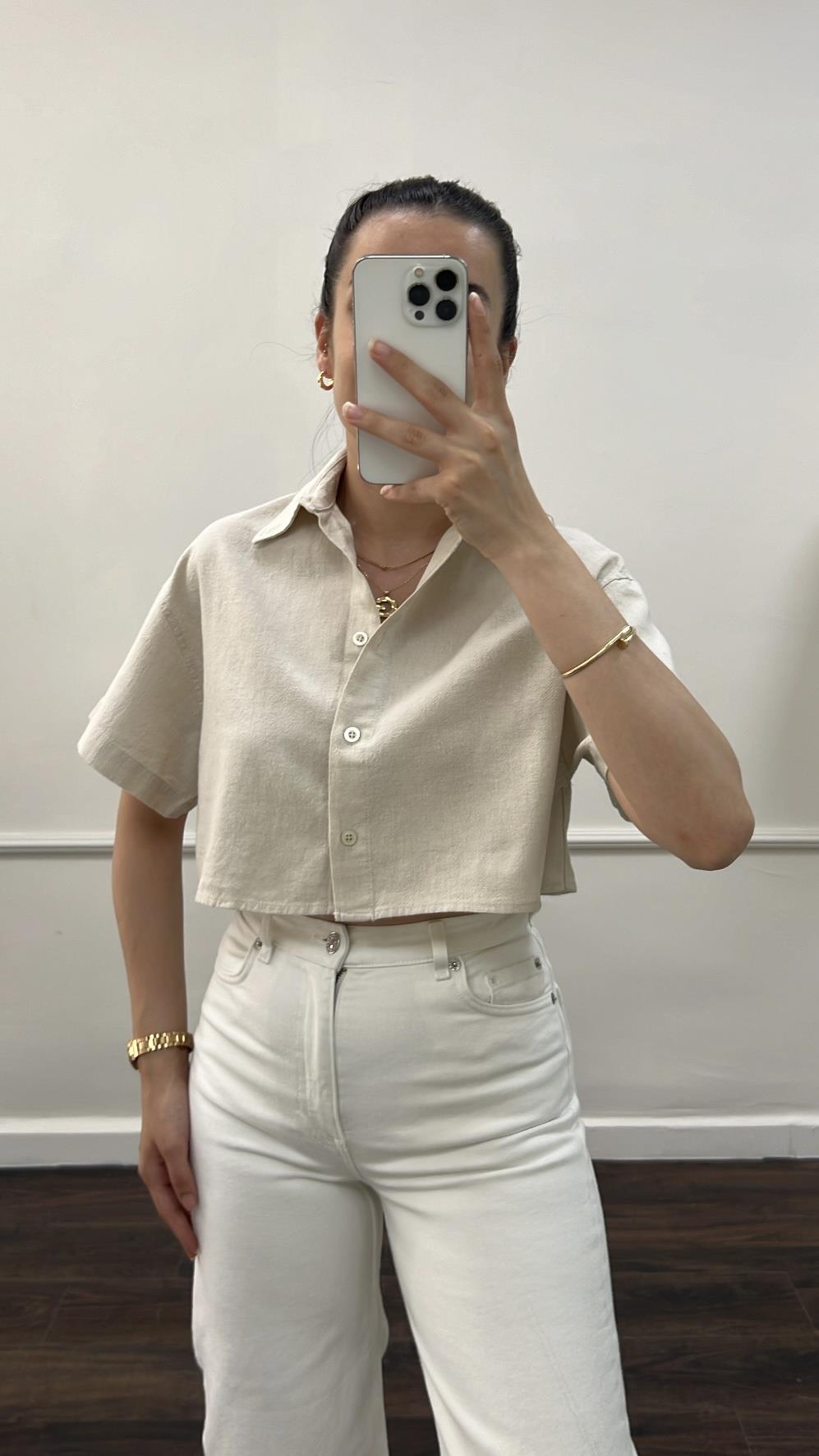 Marka Kum Beji Ham Keten Crop Gömlek