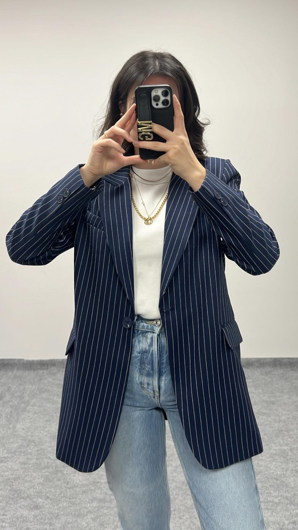 MARKA LACİ ÇİZGİLİ BLAZER CEKET