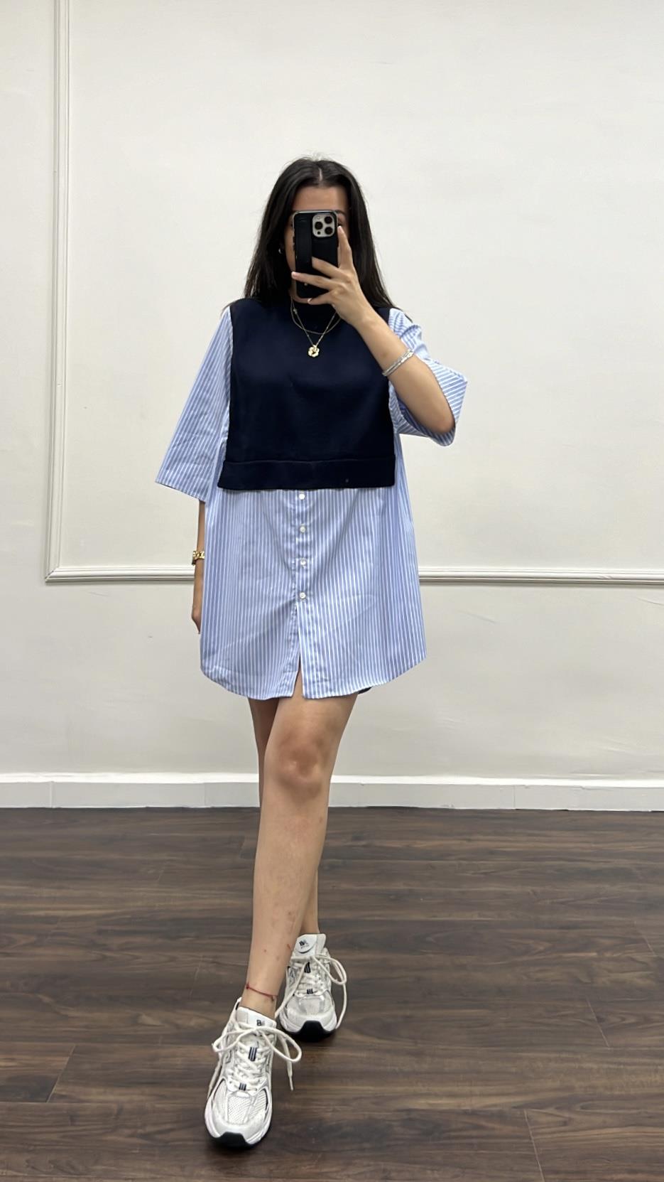 Marka Lacivert Yelek Detaylı Gömlek Elbise