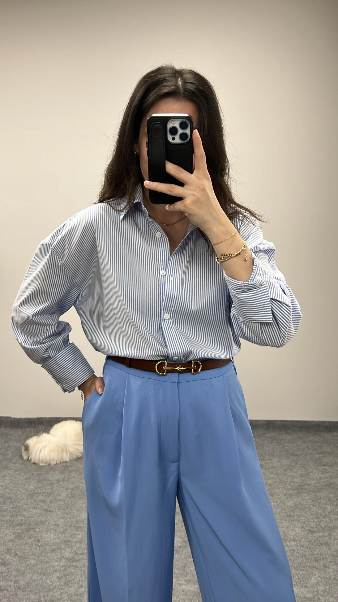 Marka Mavi Çizgili Oversize Gömlek