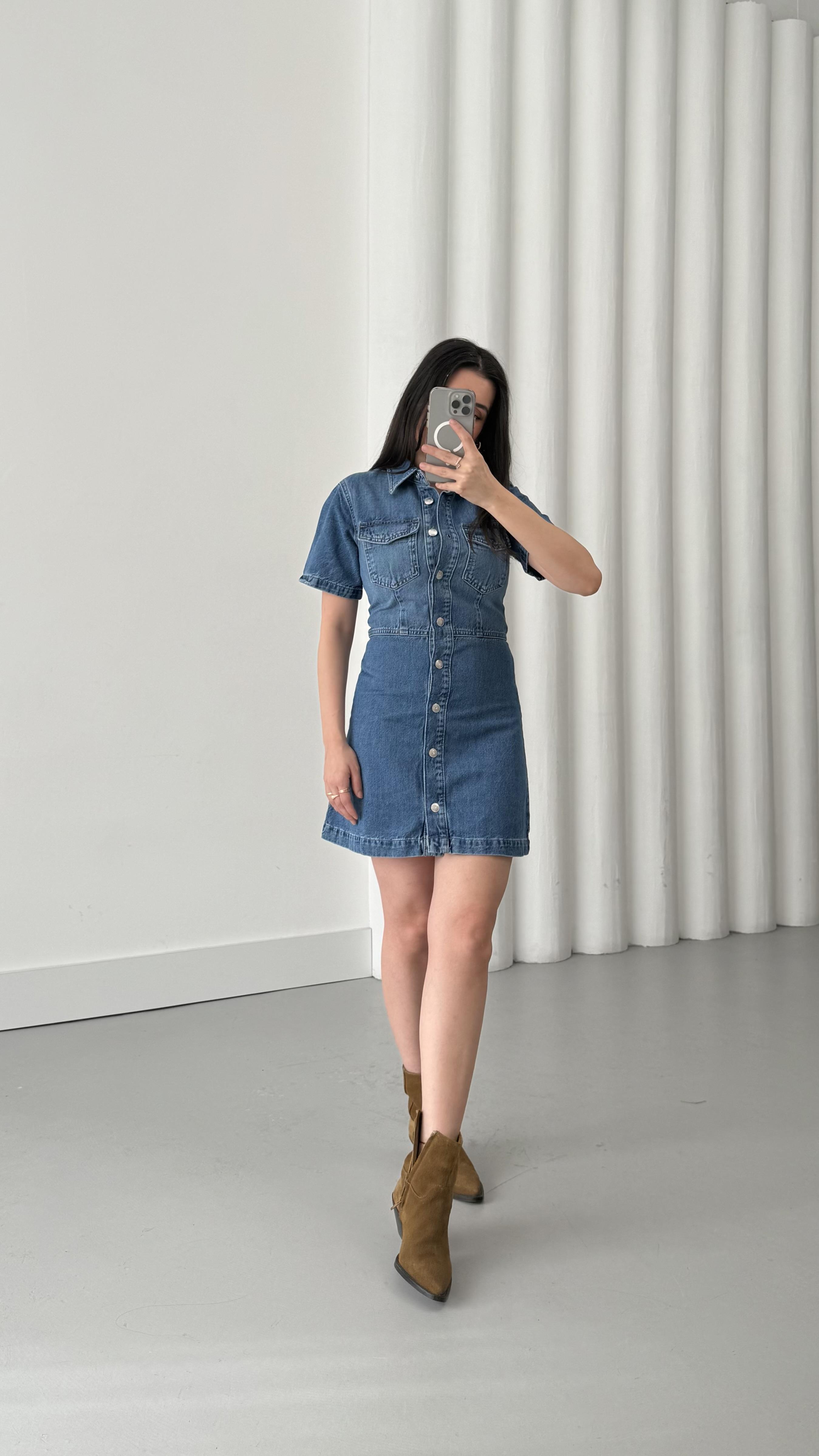 Marka Mavi Düğmeli Denim Elbise