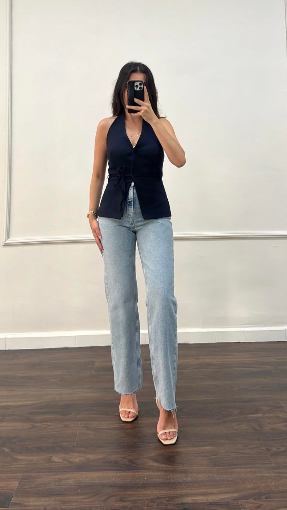 Marka Mavi Yüksek Bel Eskitmeli Straight Jean