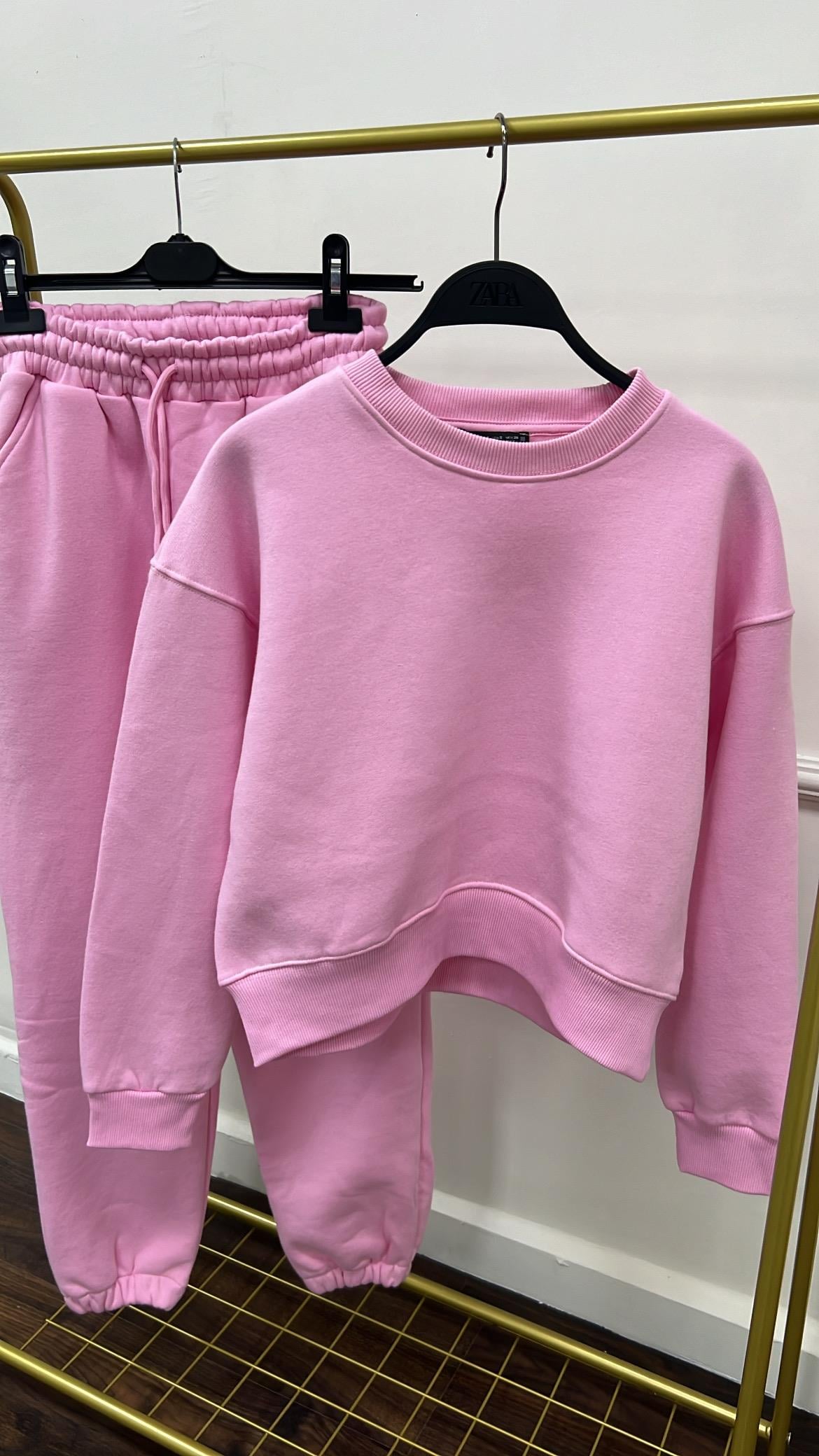 Marka Pembe Pamuklu Basıc Sweatshirt/Jogger Takım