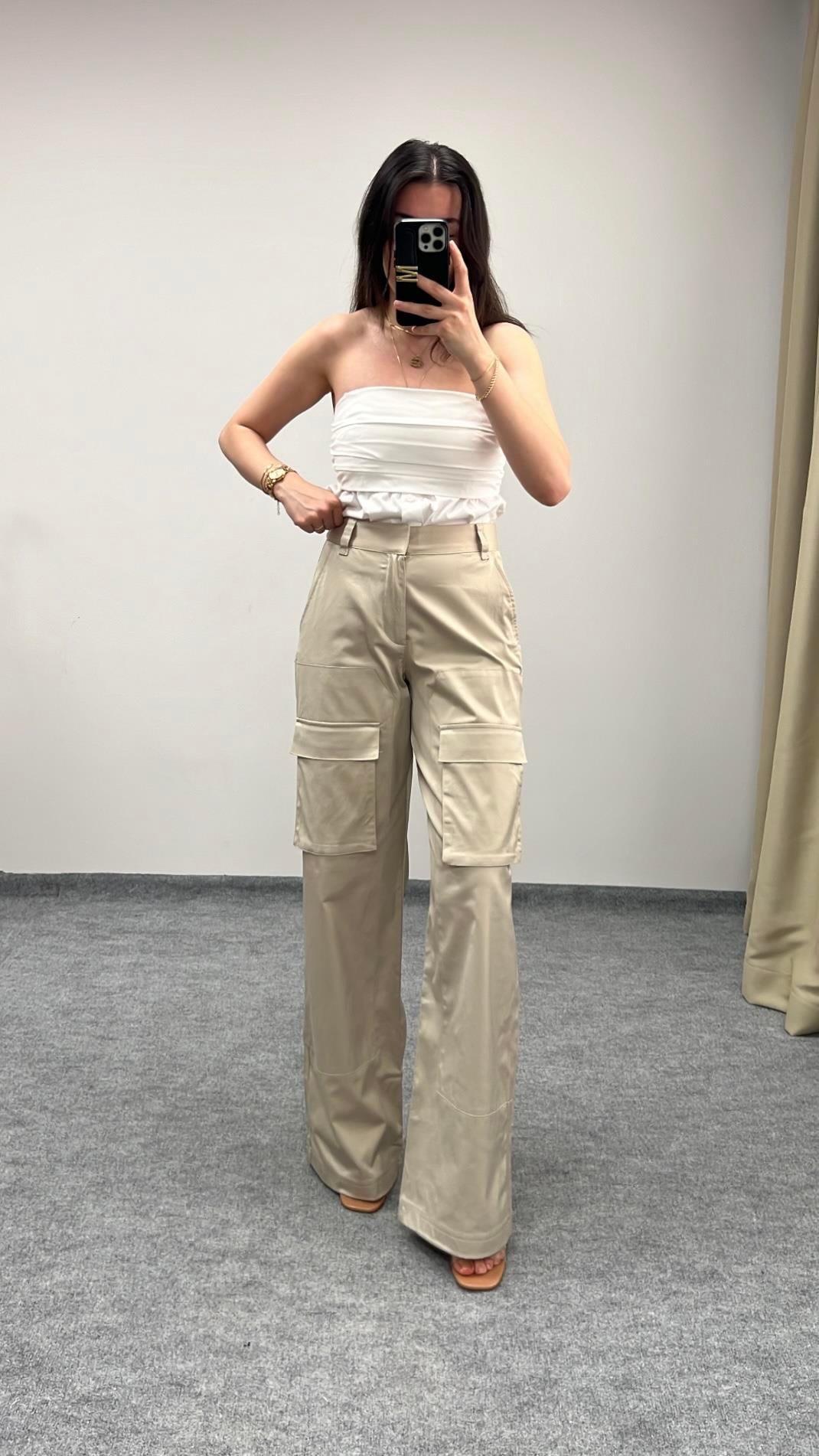 Marka Saten Bej Kargo Pantolon