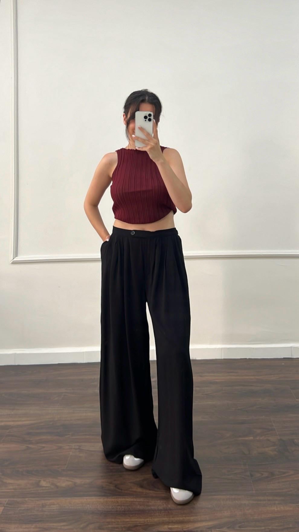 Marka Siyah %100 Viskon Kumaş Bol Paça Pantolon