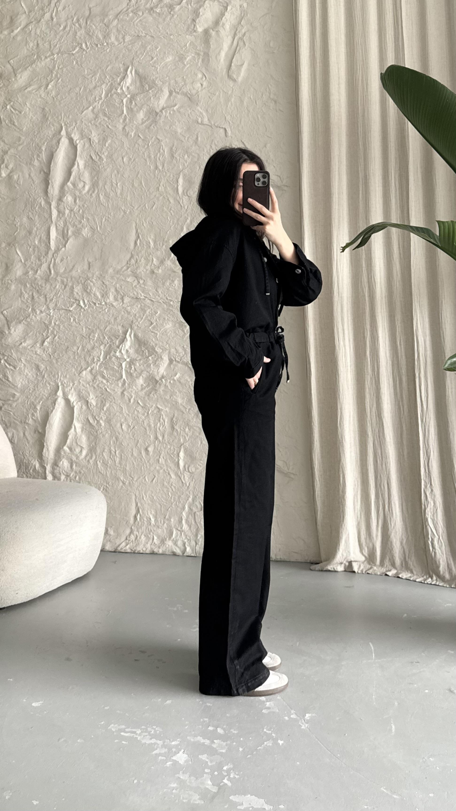 Marka Siyah Beli Lastikli Denim Pantolon