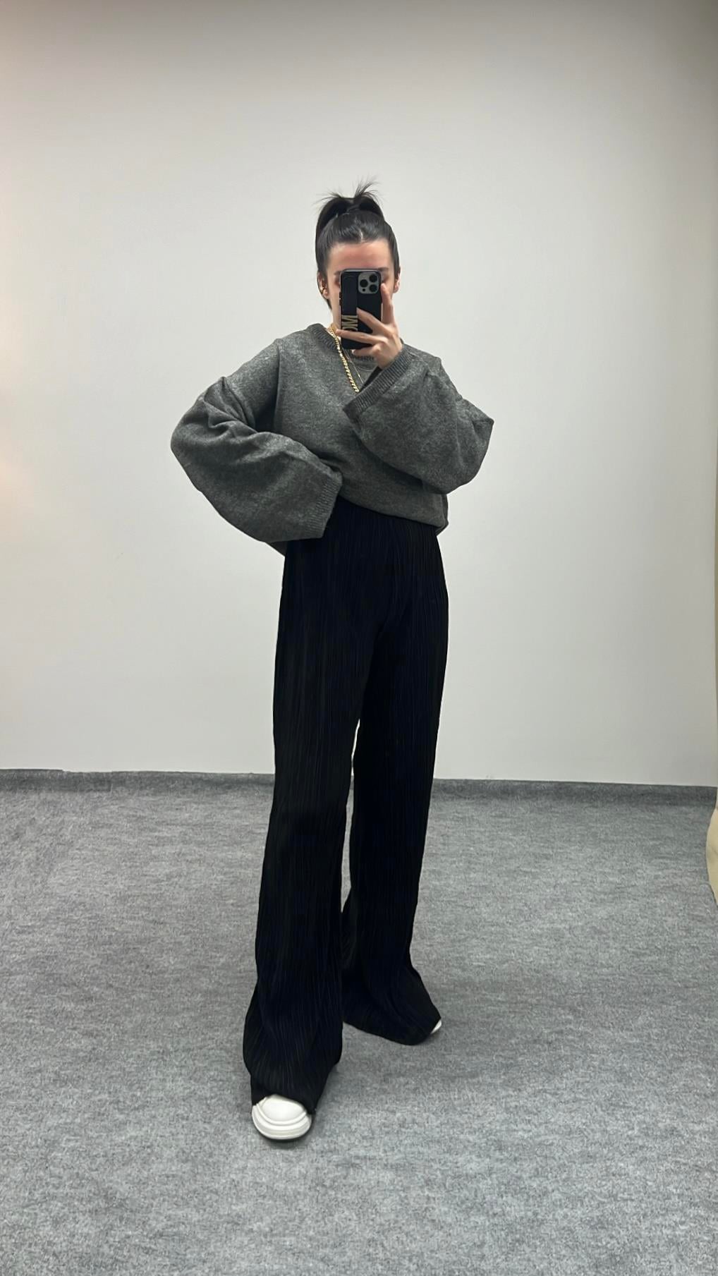 MARKA SİYAH FİTİLİ DÖKÜMLÜ PANTOLON