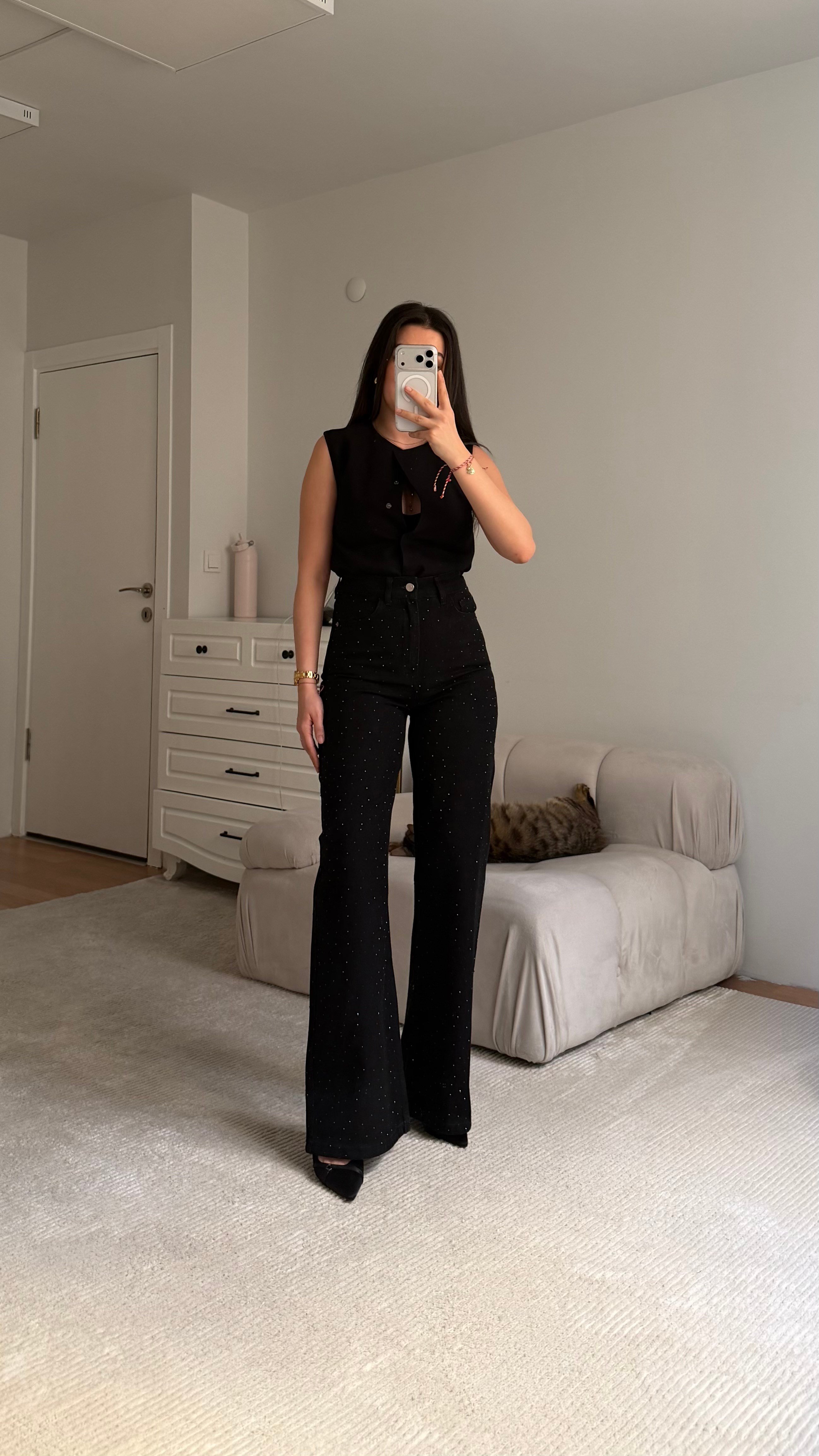 Marka Siyah Full Taşlı Premium Wide Leg Jean