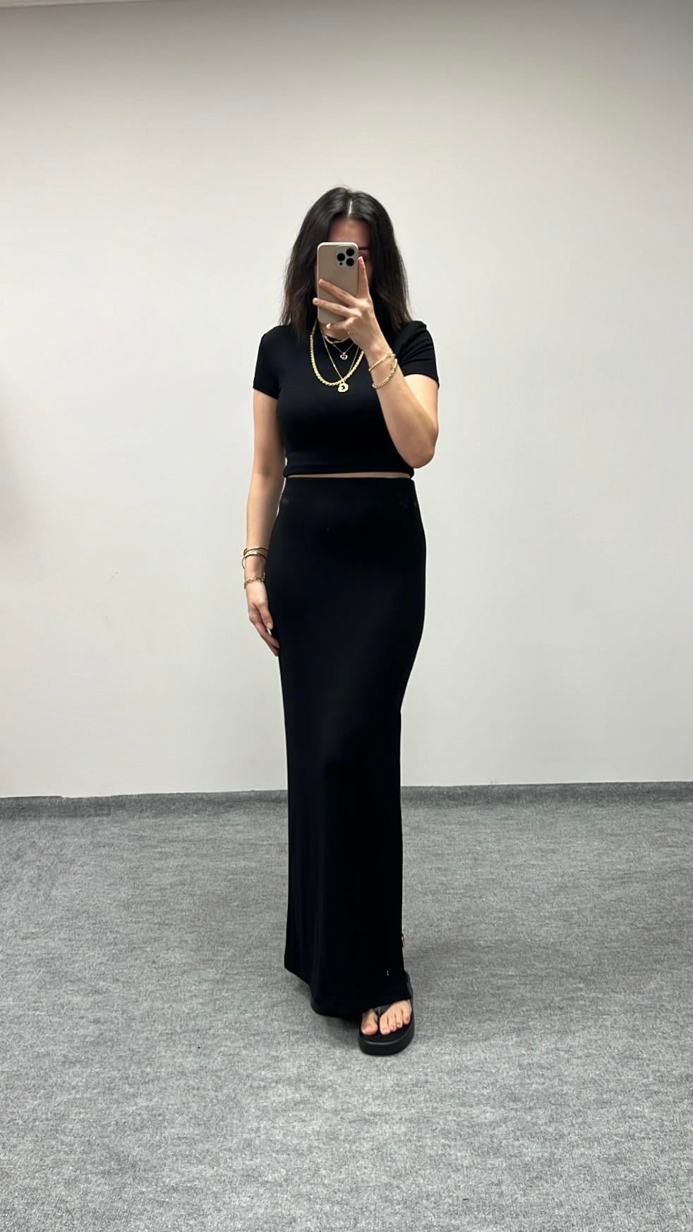 MARKA SİYAH ÖZEL DOKUMA MAXİ ETEK