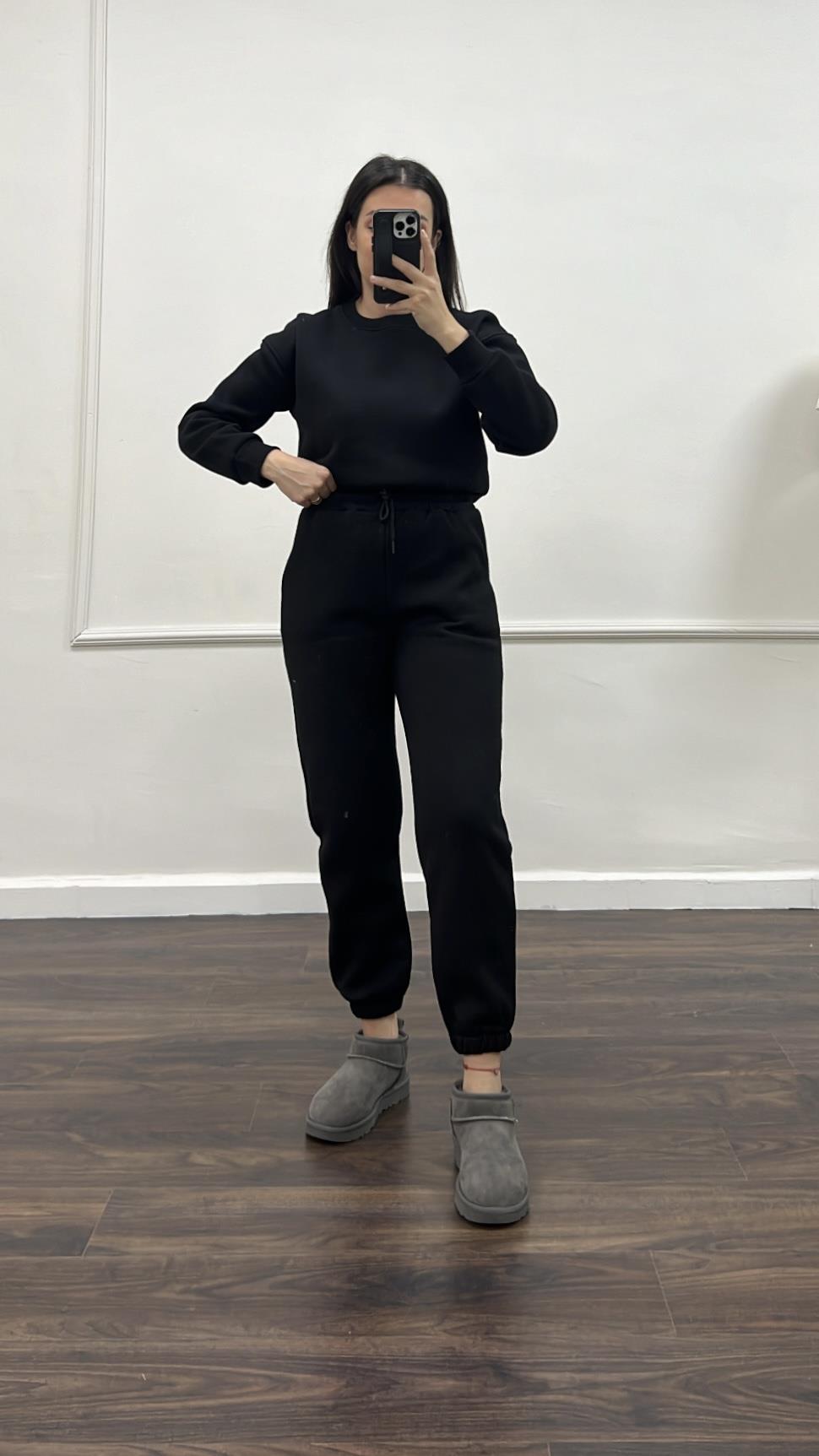 Marka Siyah Pamuklu Basıc Sweatshirt/Jogger Takım