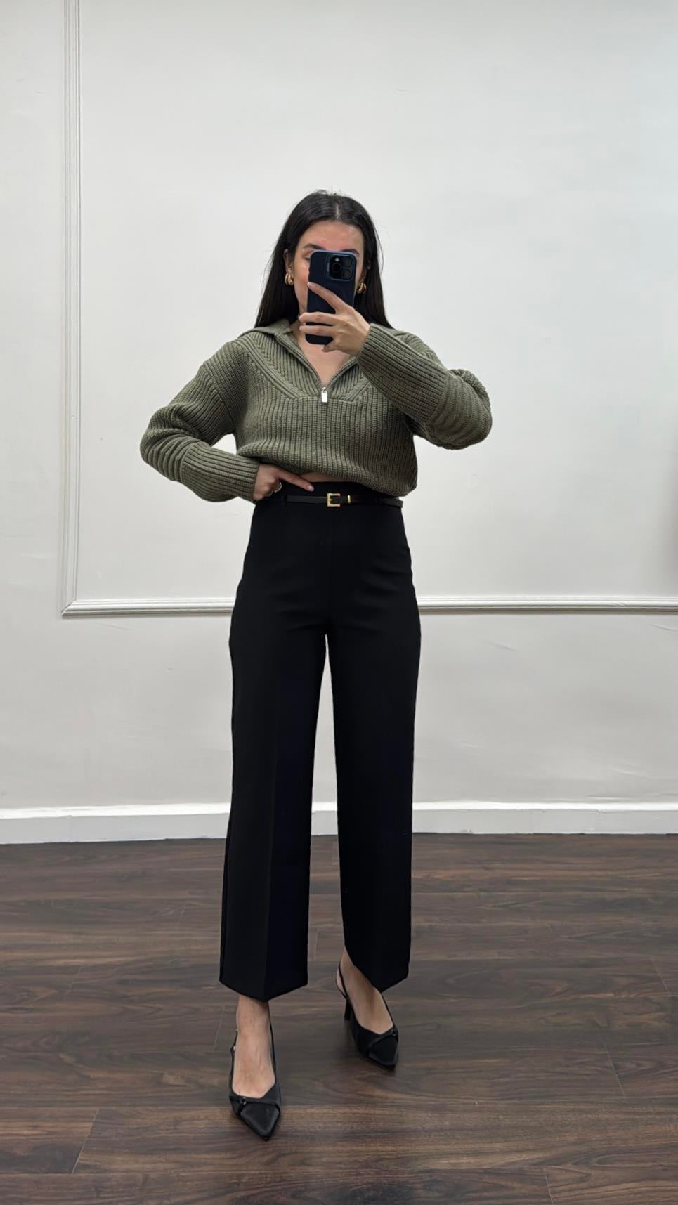 Marka Siyah Ultra Kemerli Yüksek Bel Wide Leg Pantolon