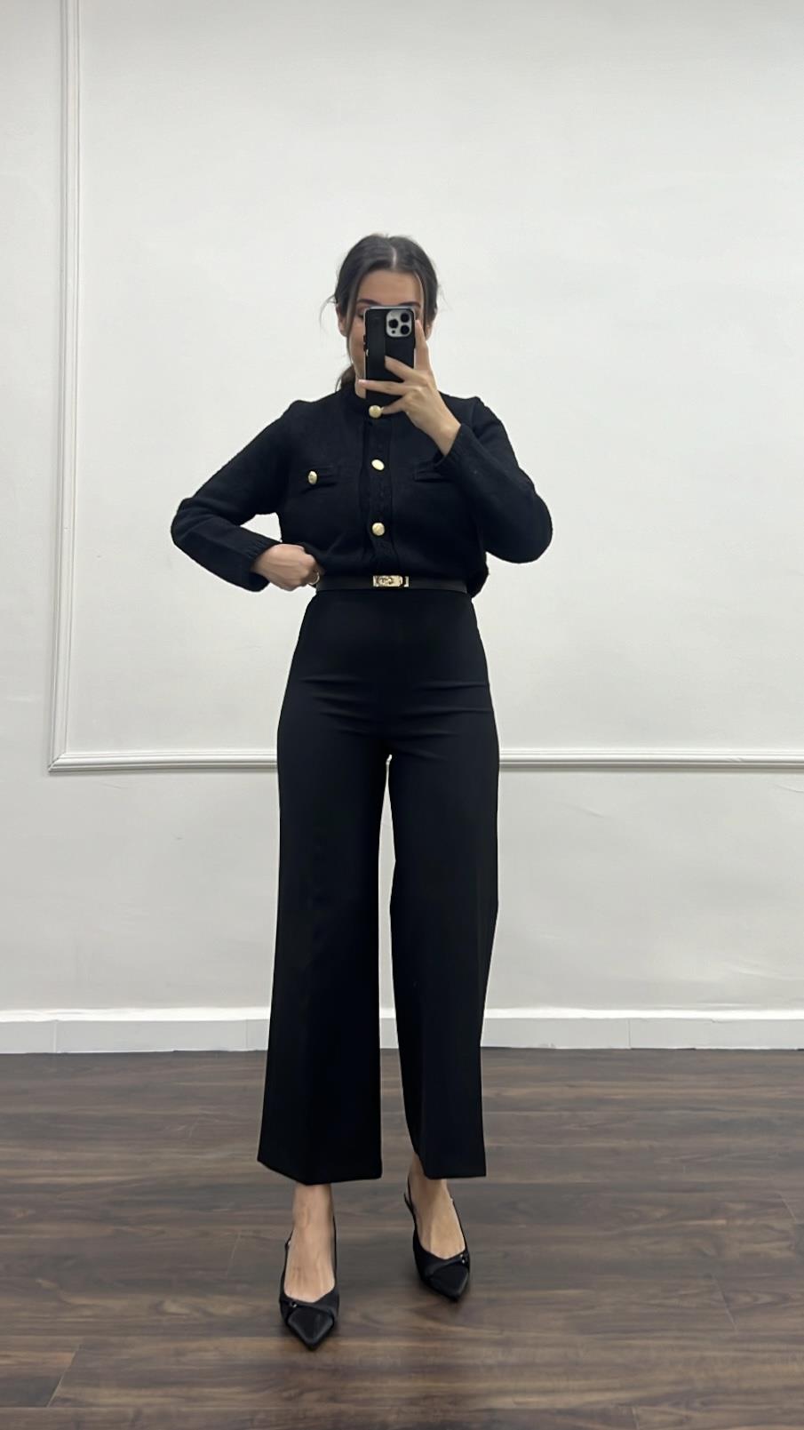 Marka Siyah Ultra Yüksek Bel Wide Leg Pantolon 