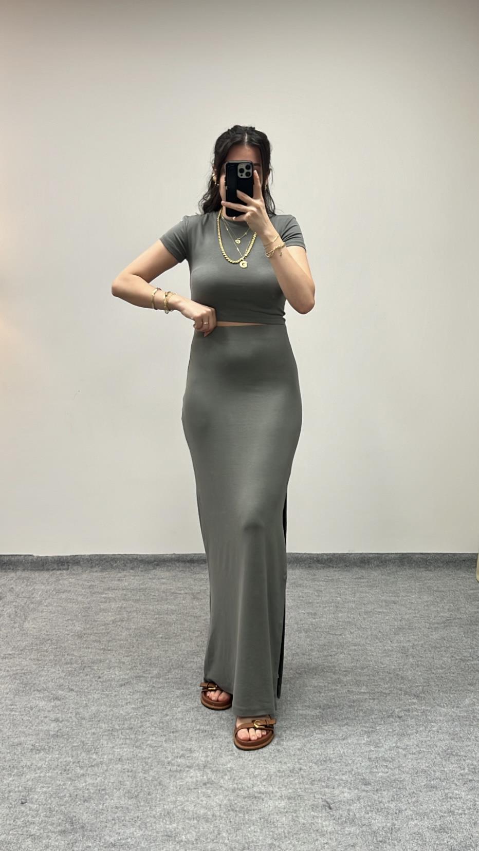 MARKA SOFT YEŞİL ÖZEL DOKUMA MAXİ ETEK