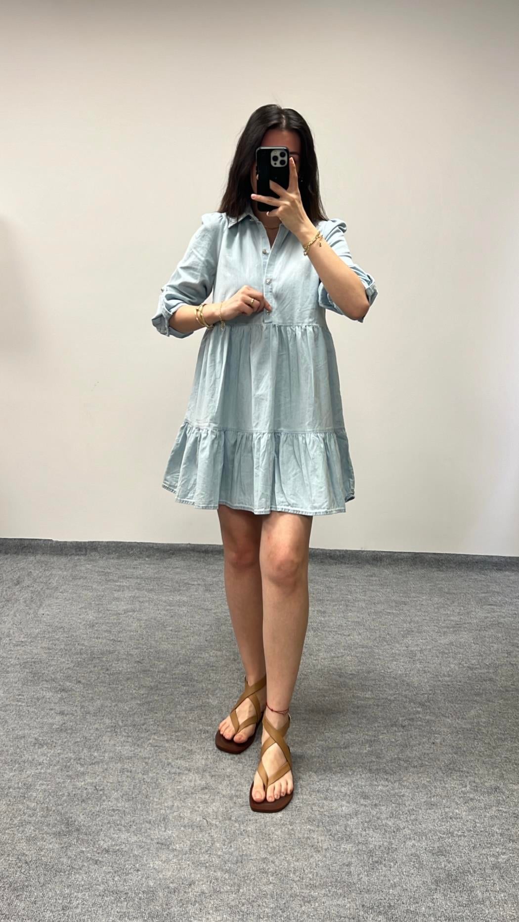 MARKA TAŞ DÜĞME DETAY DENİM ELBİSE