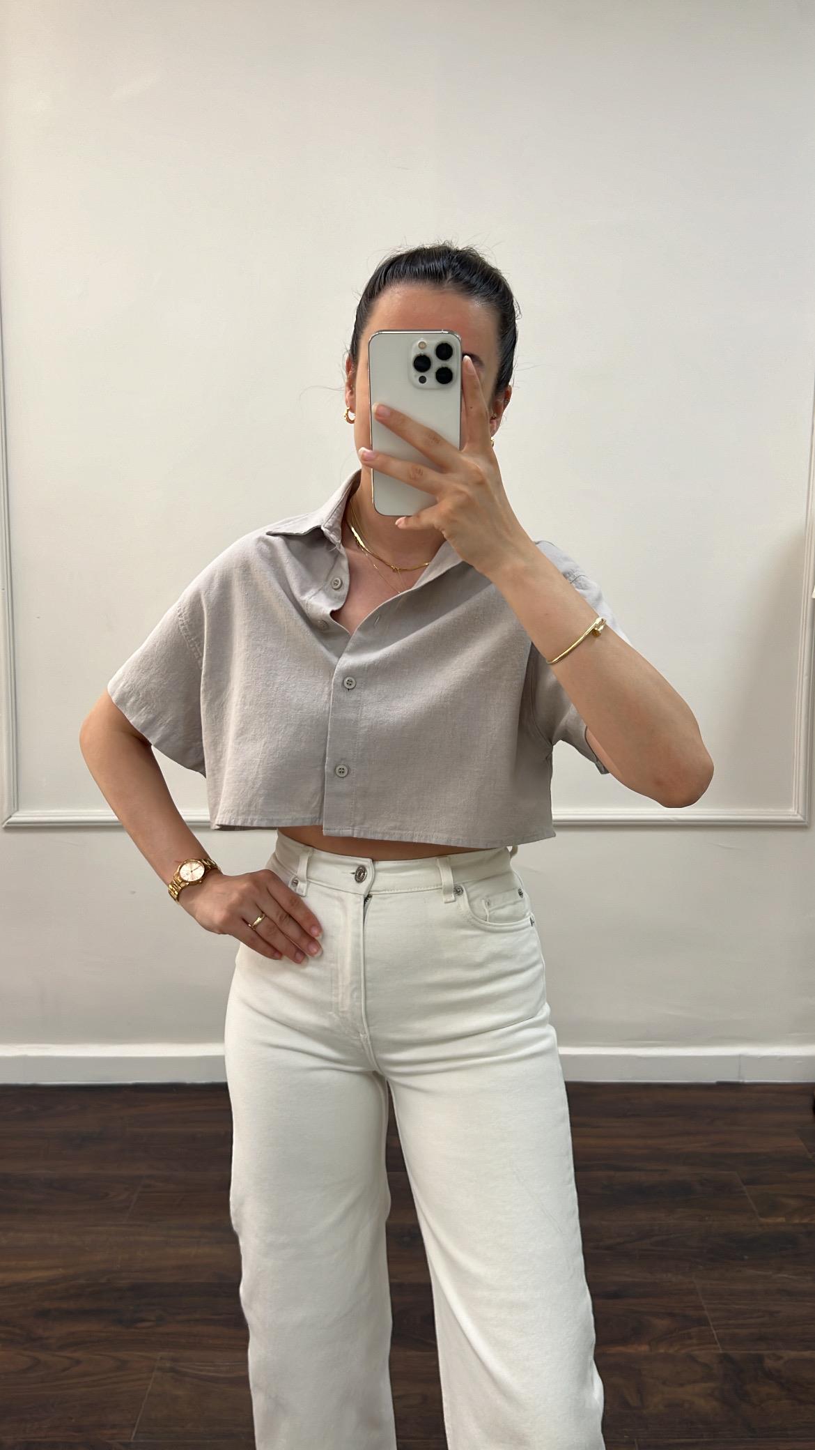 Marka Taş Ham Keten Crop Gömlek