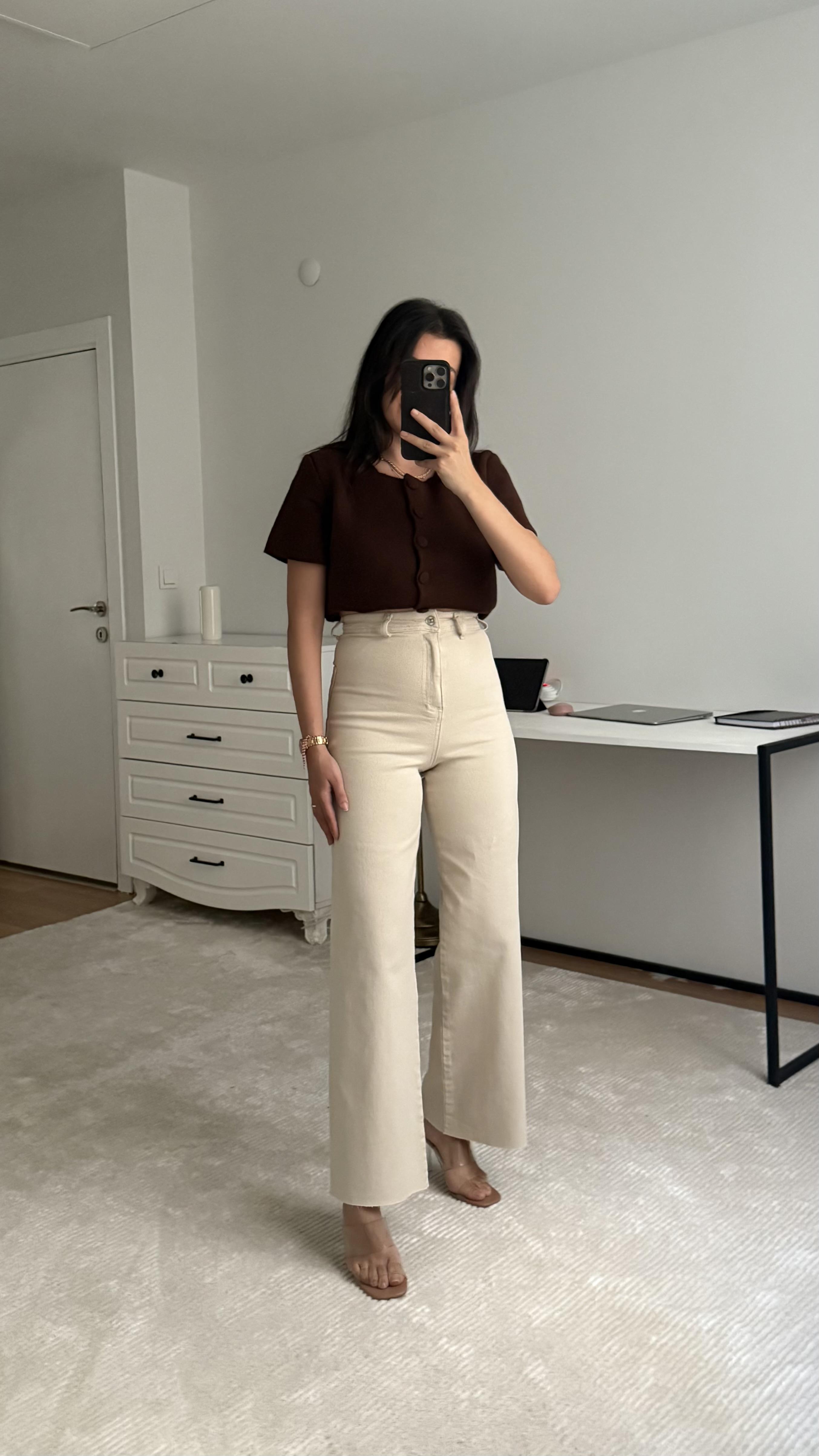 Marka Ultra Yüksek Bel Bej Wide leg jean