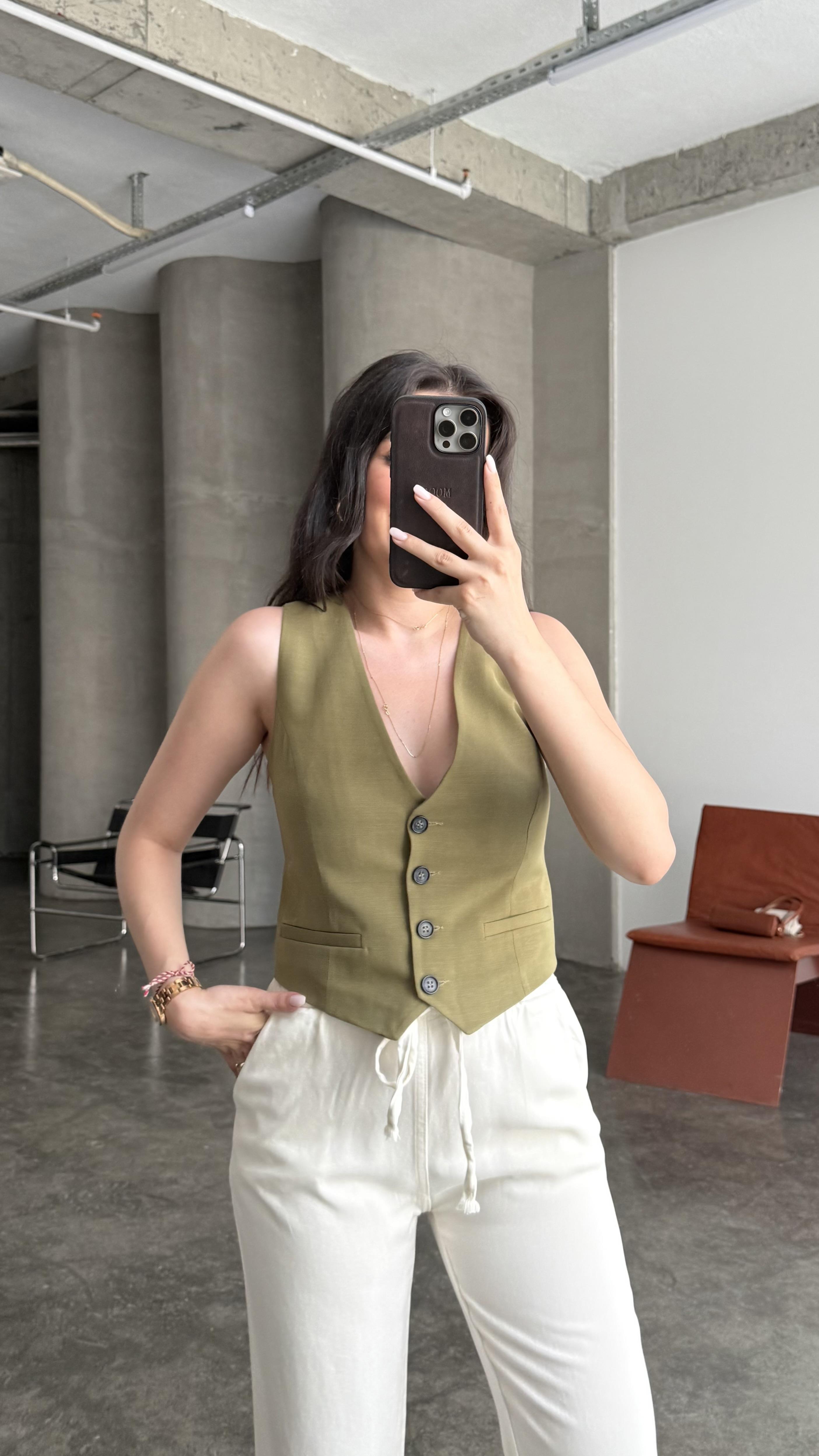 Marka Yağ Yeşili Klasik Model Yelek