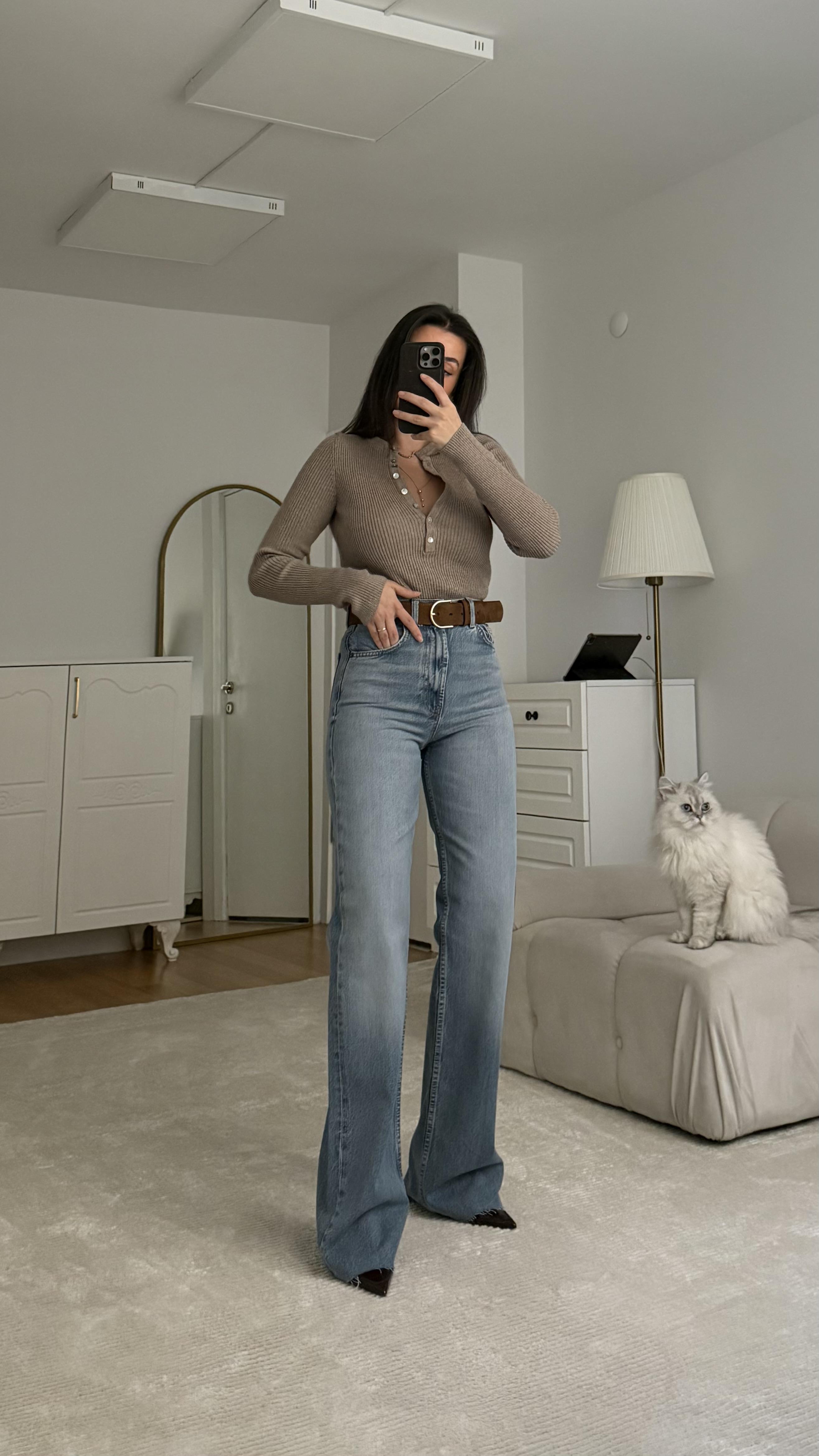 Marka Yıkamalı Mavi Wide Leg Jean
