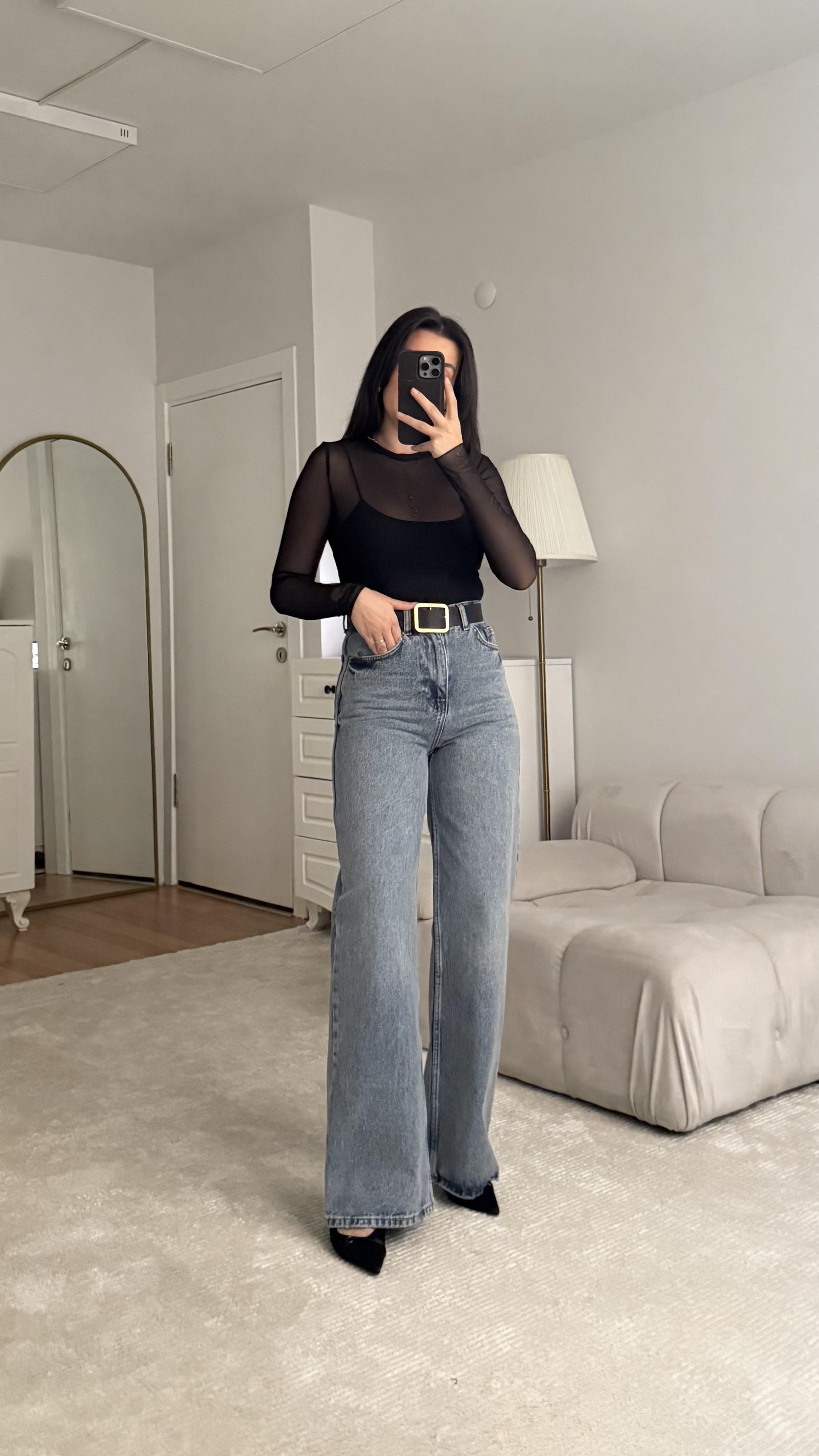 Marka Yıkamalı Mavi Yüksek Bel Bol Paça Jean