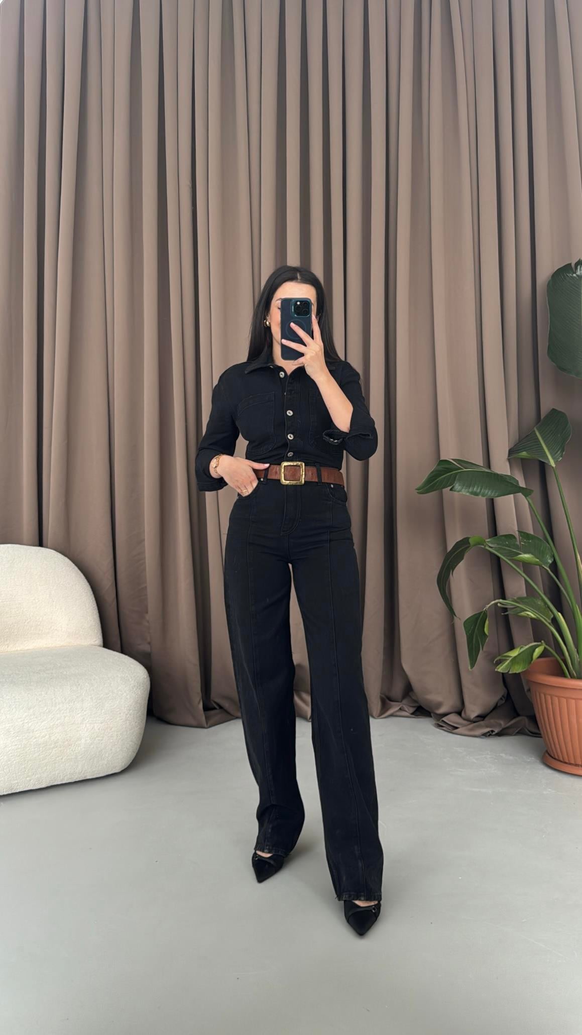 Marka Yıkamalı Siyah Denim Tulum