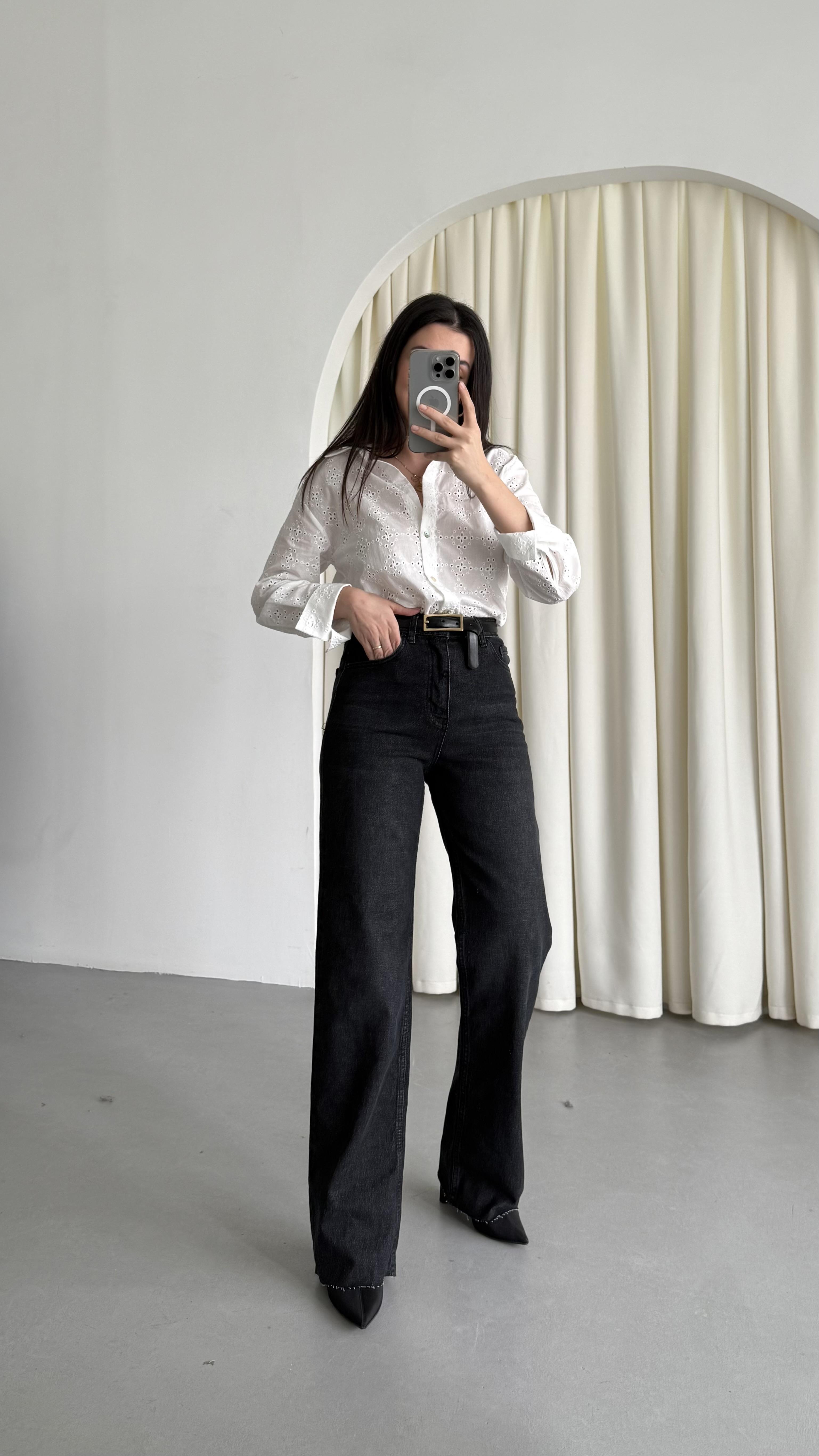 Marka Yıkamalı Siyah  Wide Leg Jean