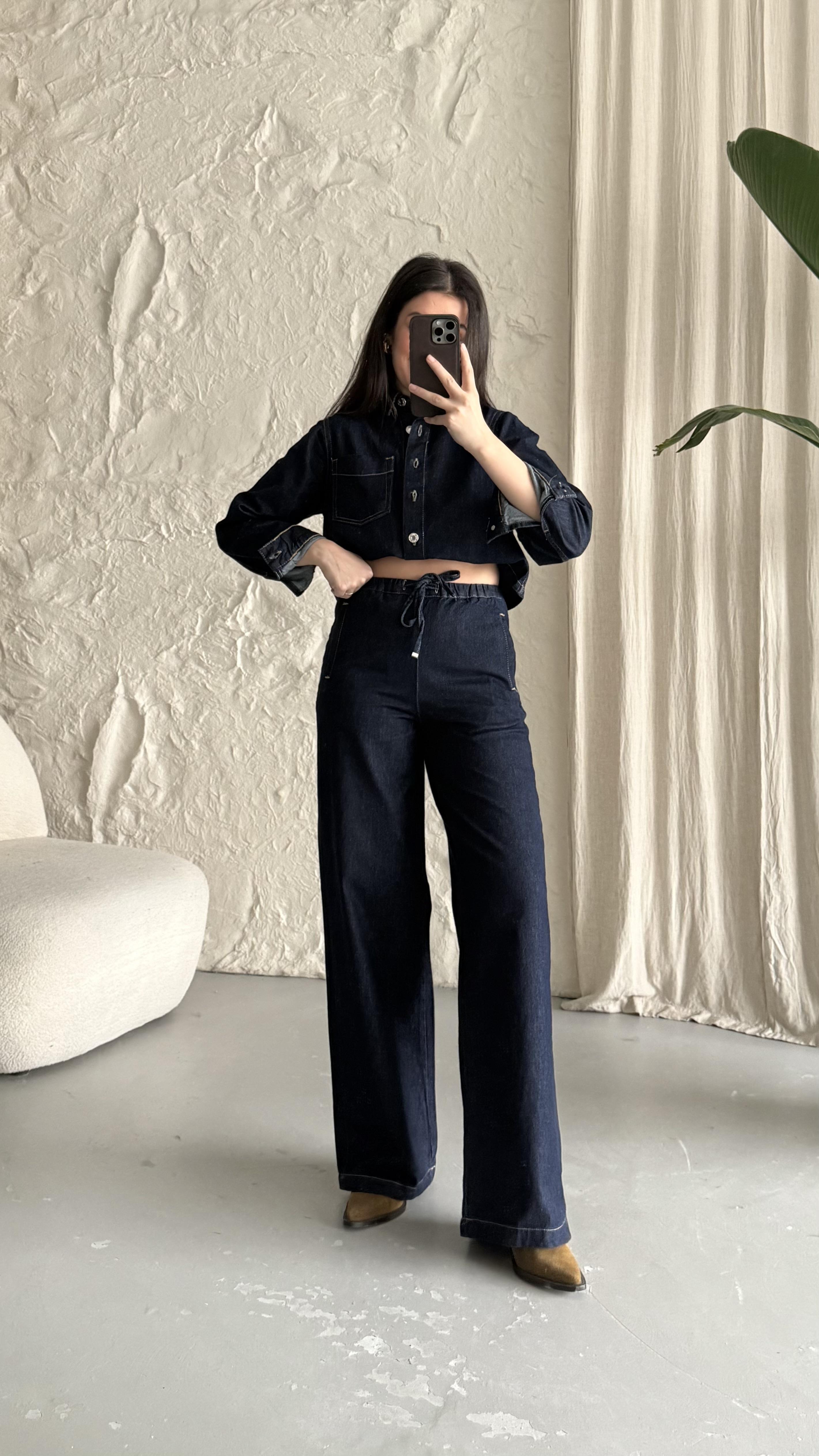 Marka Yoğun Laci Beli Lastikli Denim Pantolon