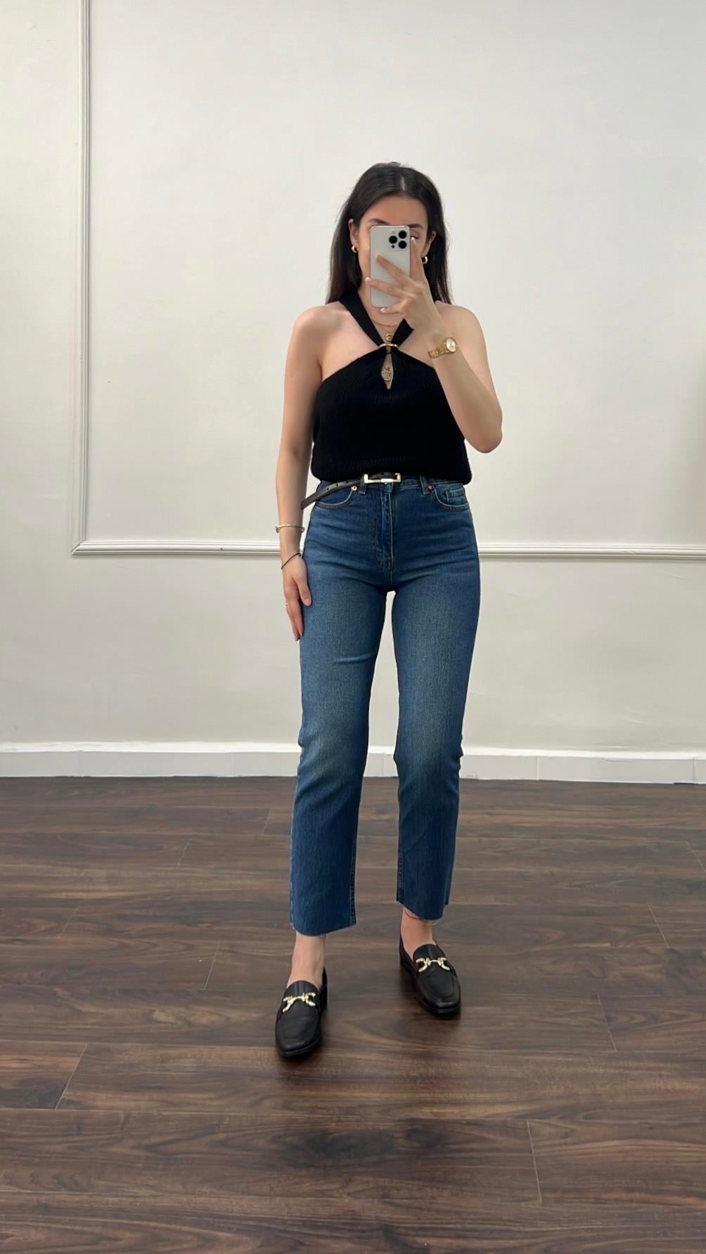Marka Yüksek Bel Koyu Mavi Straight Fit Jean