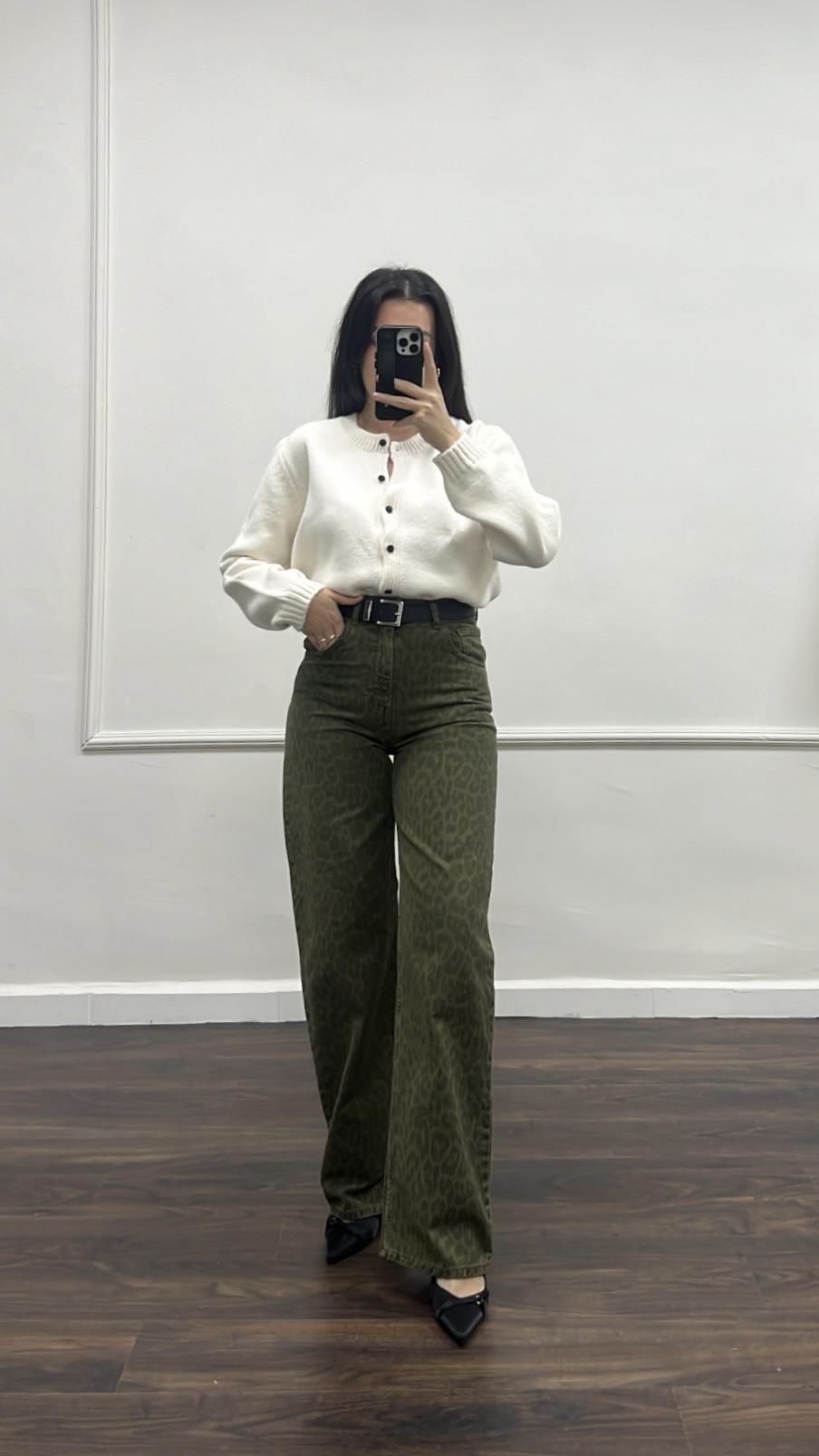 Marka Yüksek Bel Leopar Desenli Relax Jean