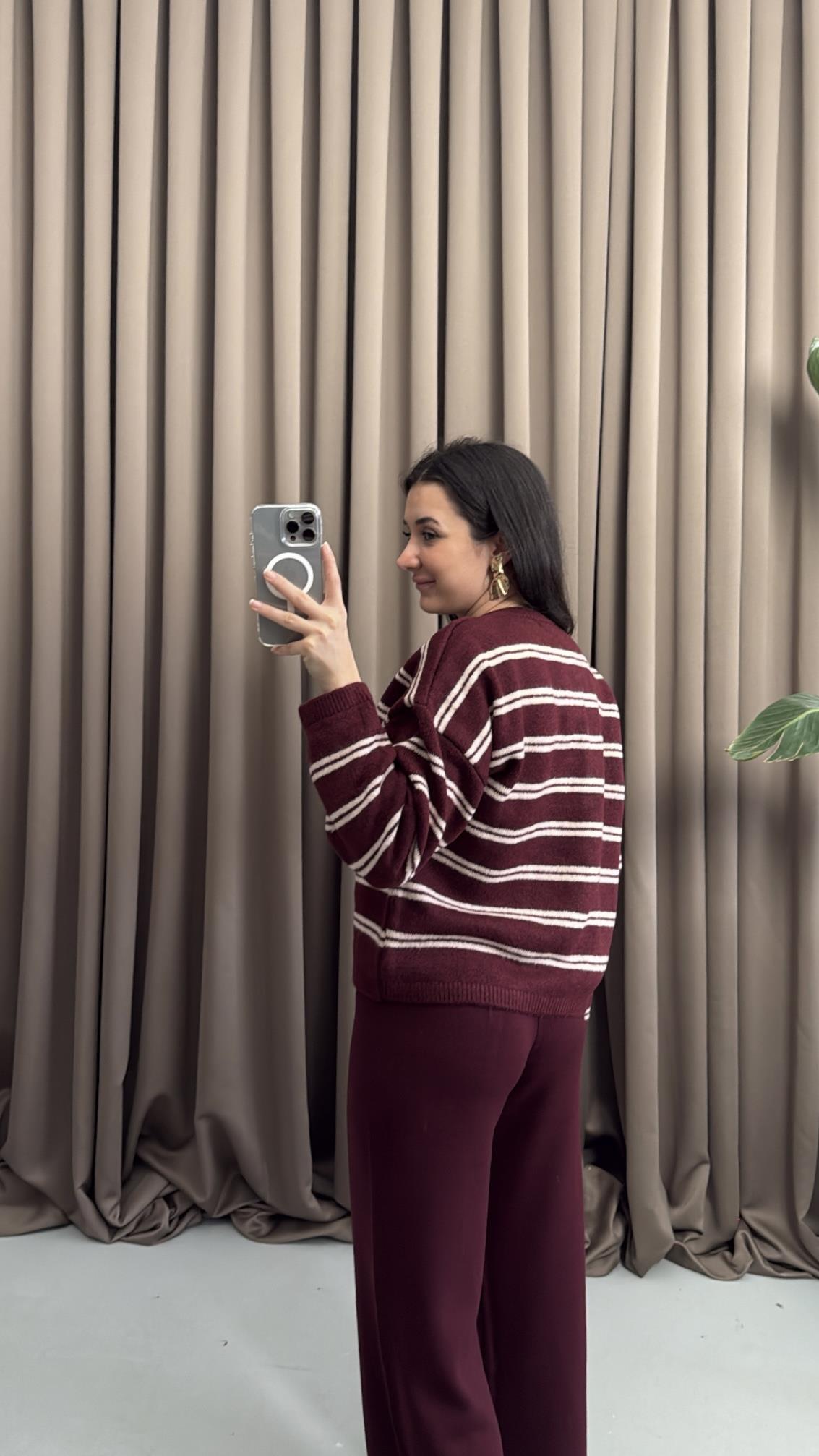 Mau Bordo/Pudra Triko Hırka