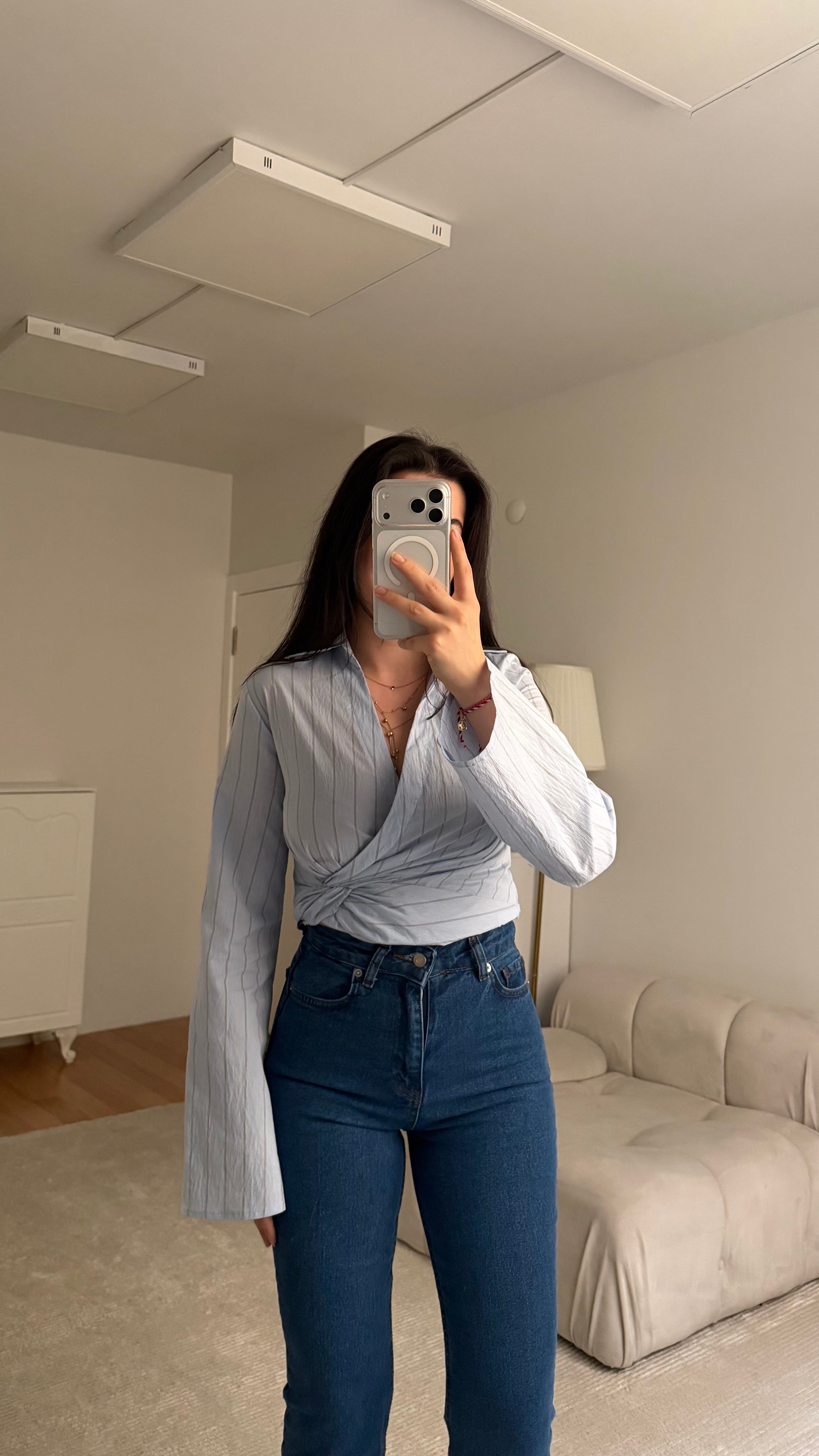 Mavi Çizgili Kruvaze Bağlamalı Gömlek 