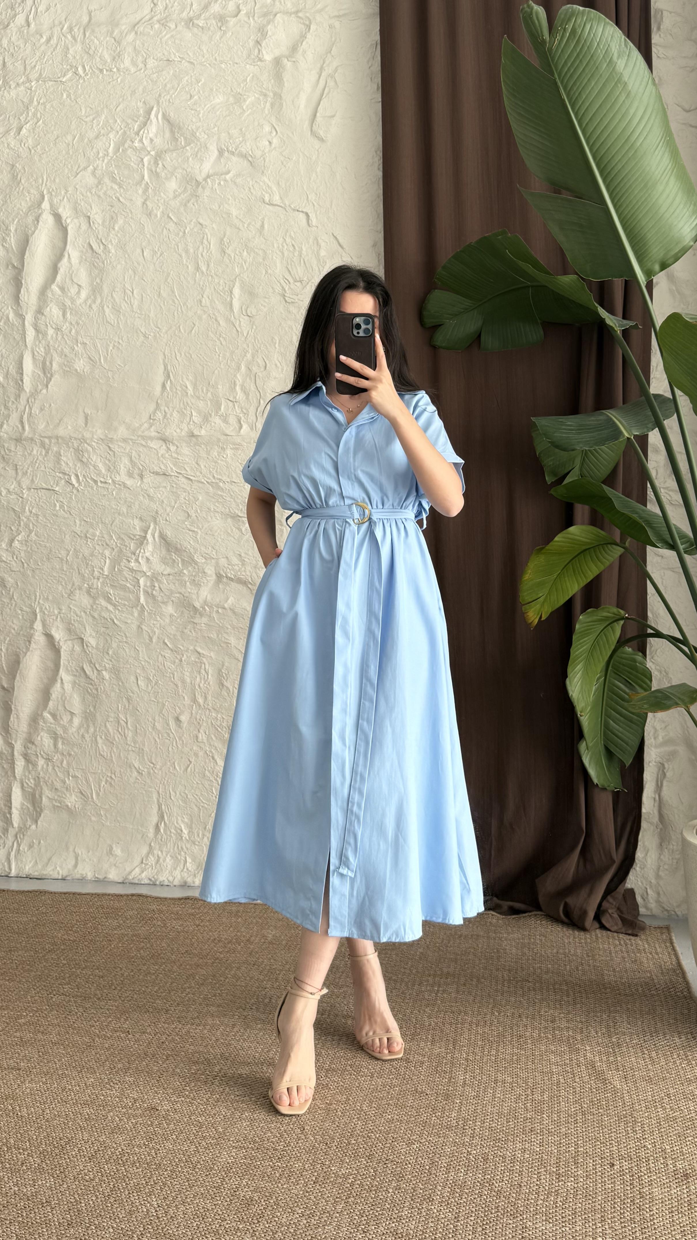 Mavi Kuşaklı Poplin Gömlek Elbise
